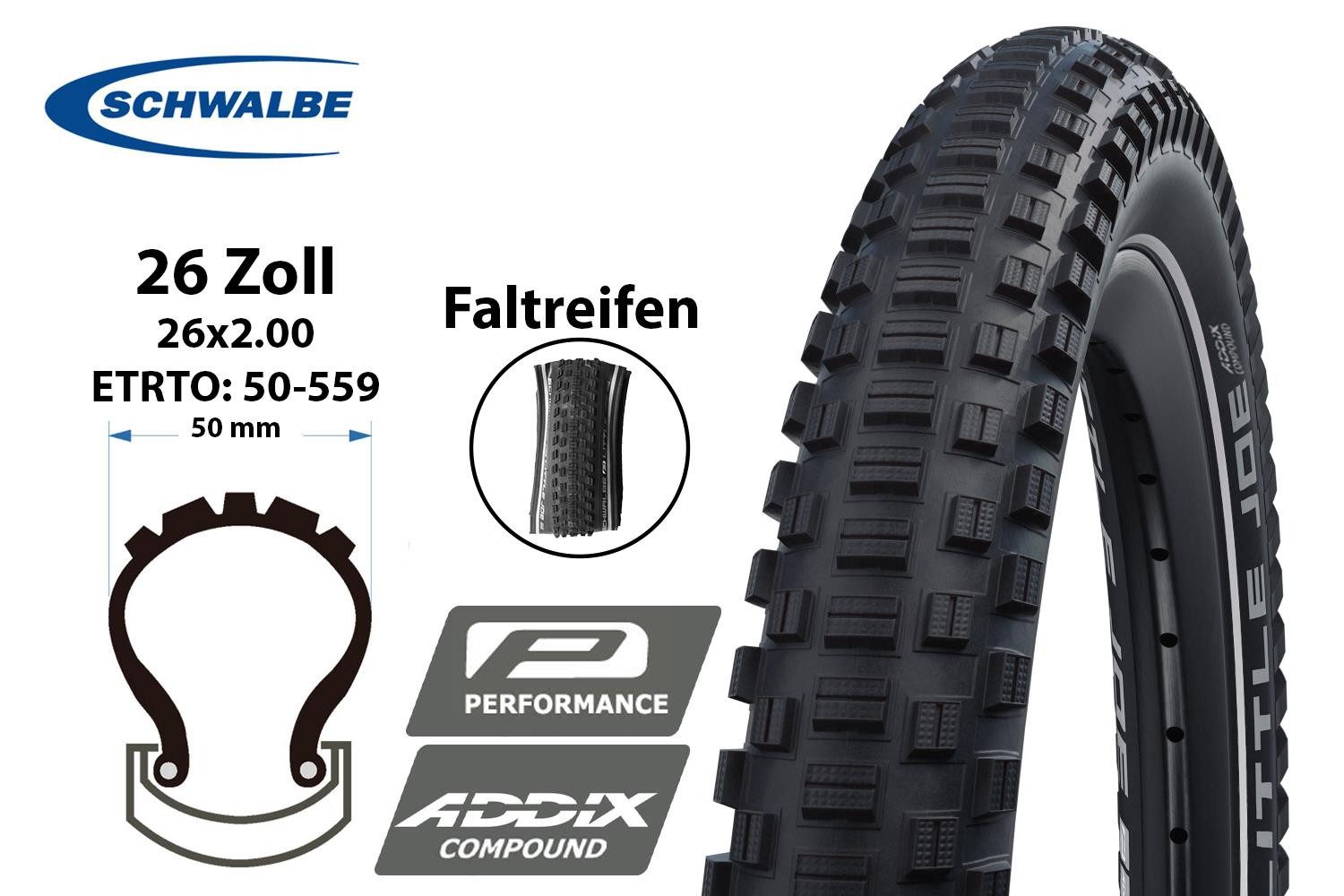 Fahrradreifen 26 Zoll Schwalbe LITTLE JOE 26x2.00 Reifen Woom 50-559 faltbar Reflex