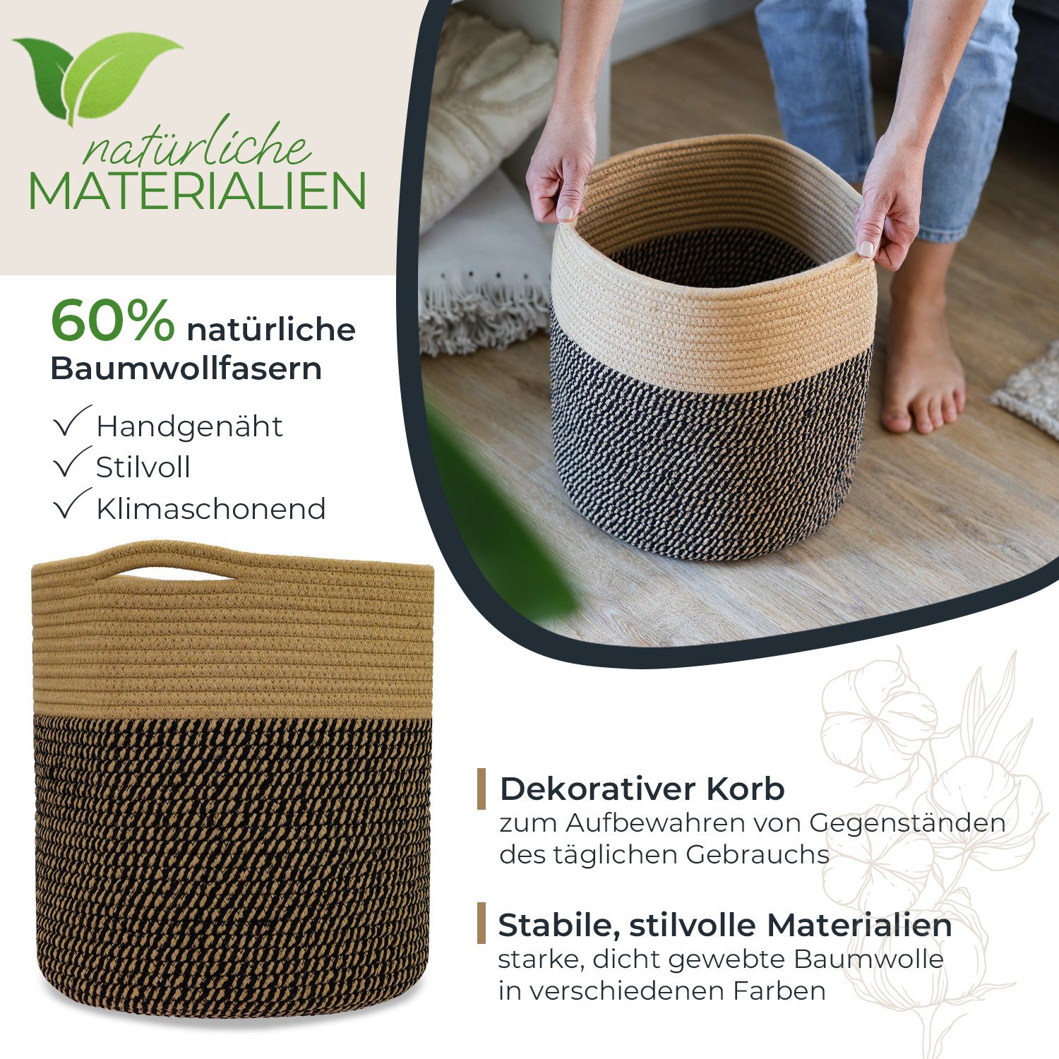 HMF Aufbewahrungskorb Aufbewahrungskorb mit versteckten Griffen, runder Korb passend für Kallax, 31 x 31 cm, Schwarz-Honig