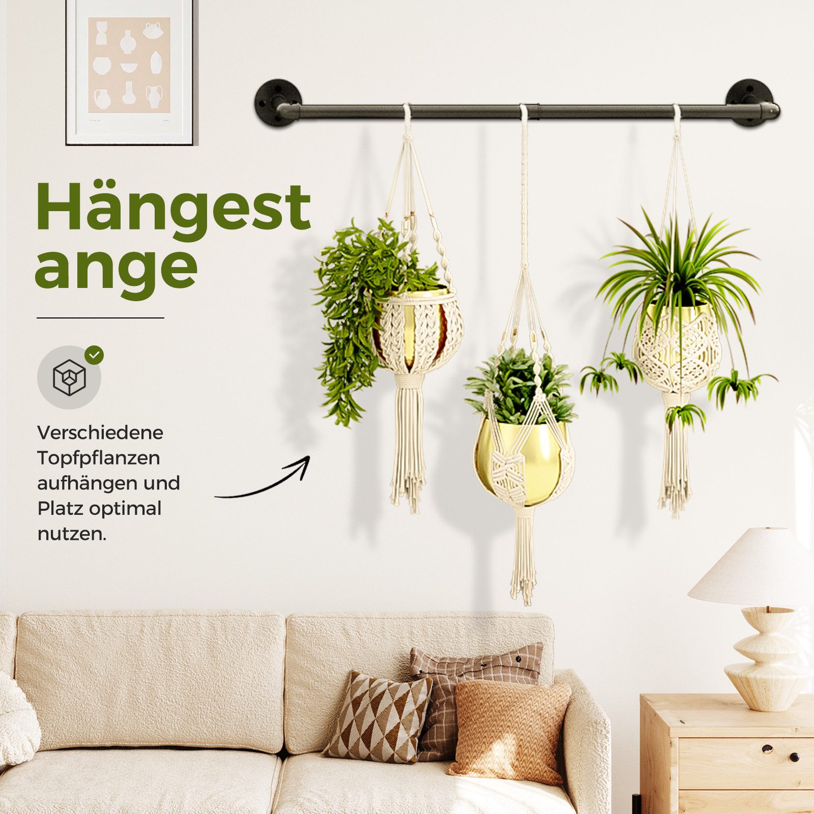 Bamworld Blumenampel Hängepflanzer Innen Metall Schwarz, 92x20cm (1 St), für Fenster Decke Wand Wohnzimmer Küche Schlafzimmer