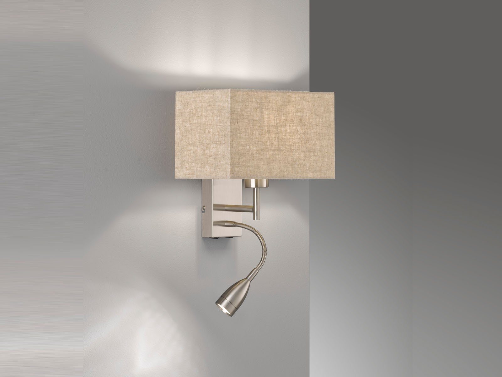 FISCHER & HONSEL LED Leselampe, LED wechselbar, LED fest integriert, Warmweiß, kleine Wandleuchte innen Leinen Lampenschirm recht-eckig Beige 25x25cm