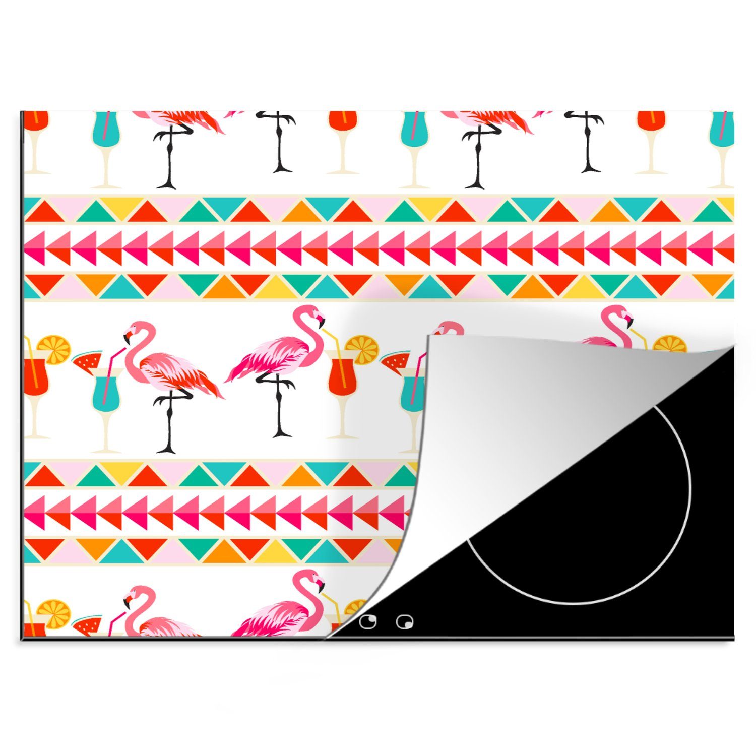 MuchoWow Herdblende-/Abdeckplatte Flamingo - Sommer - Cocktail - Muster, Vinyl, (1 tlg), 60x52 cm, Mobile Arbeitsfläche nutzbar, Ceranfeldabdeckung