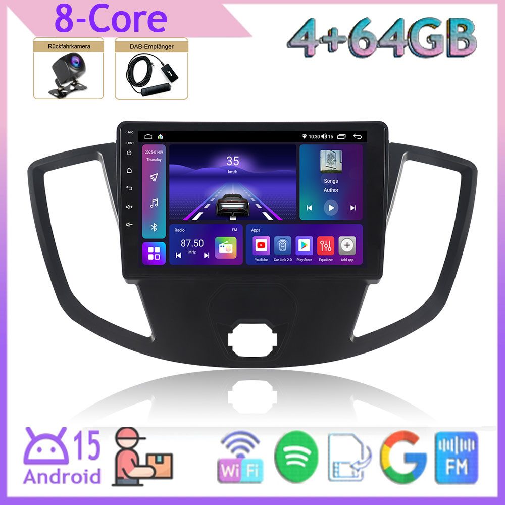 A-Sure 10Zoll Carplay Android 15 Für Ford Transit Custom 2013-2021 BT FM WIFI Autoradio (Mirrorlink, ChatGPT, Google PLay, DAB+Box, AM, 1280*800 IPS Screen, RDS, DSP, GPS, SWC, Navi, UI Theme)