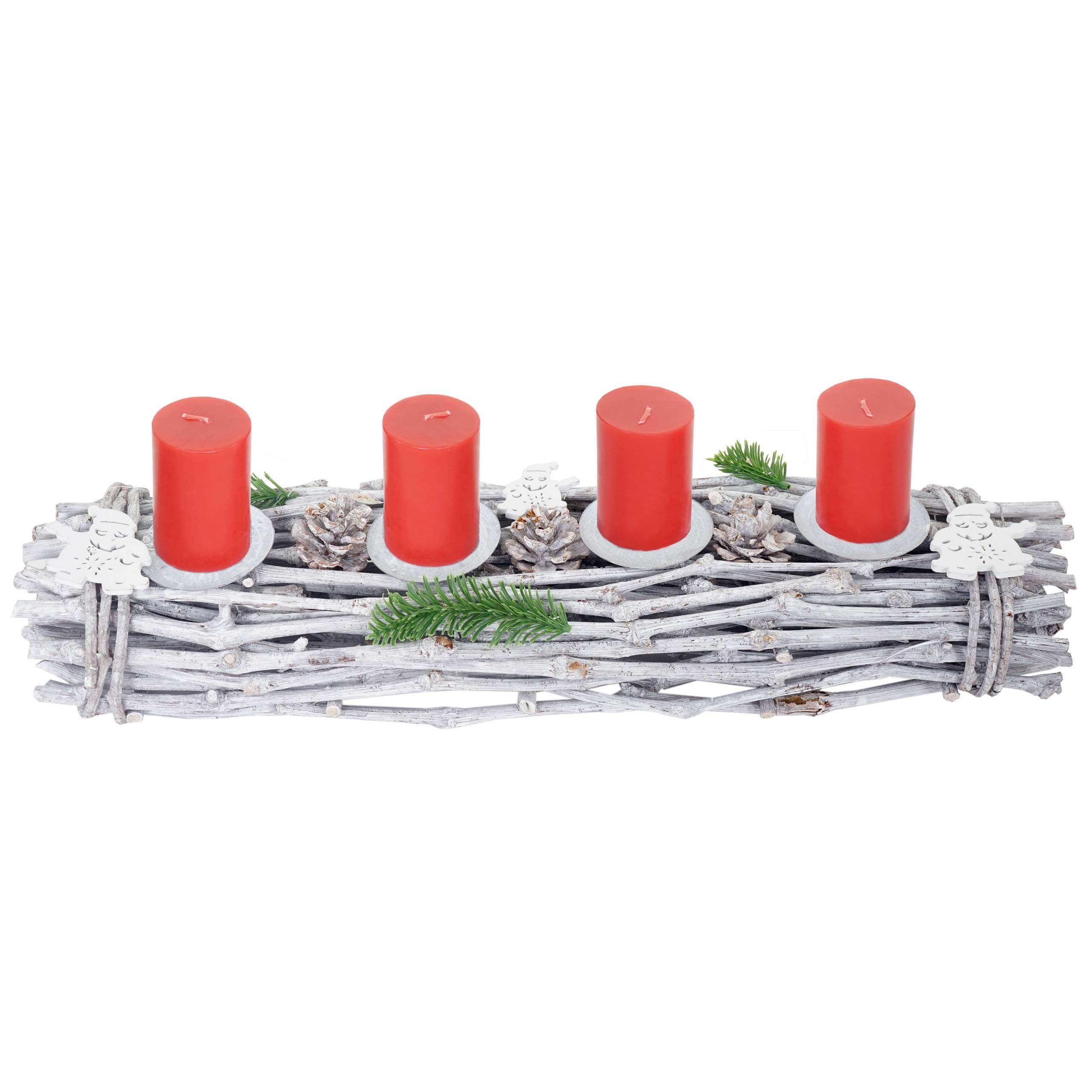 MCW Adventskranz T783-L, Mit 4 Kerzenhaltern, Aufwendig geschmückt weiß, rote Kerzen