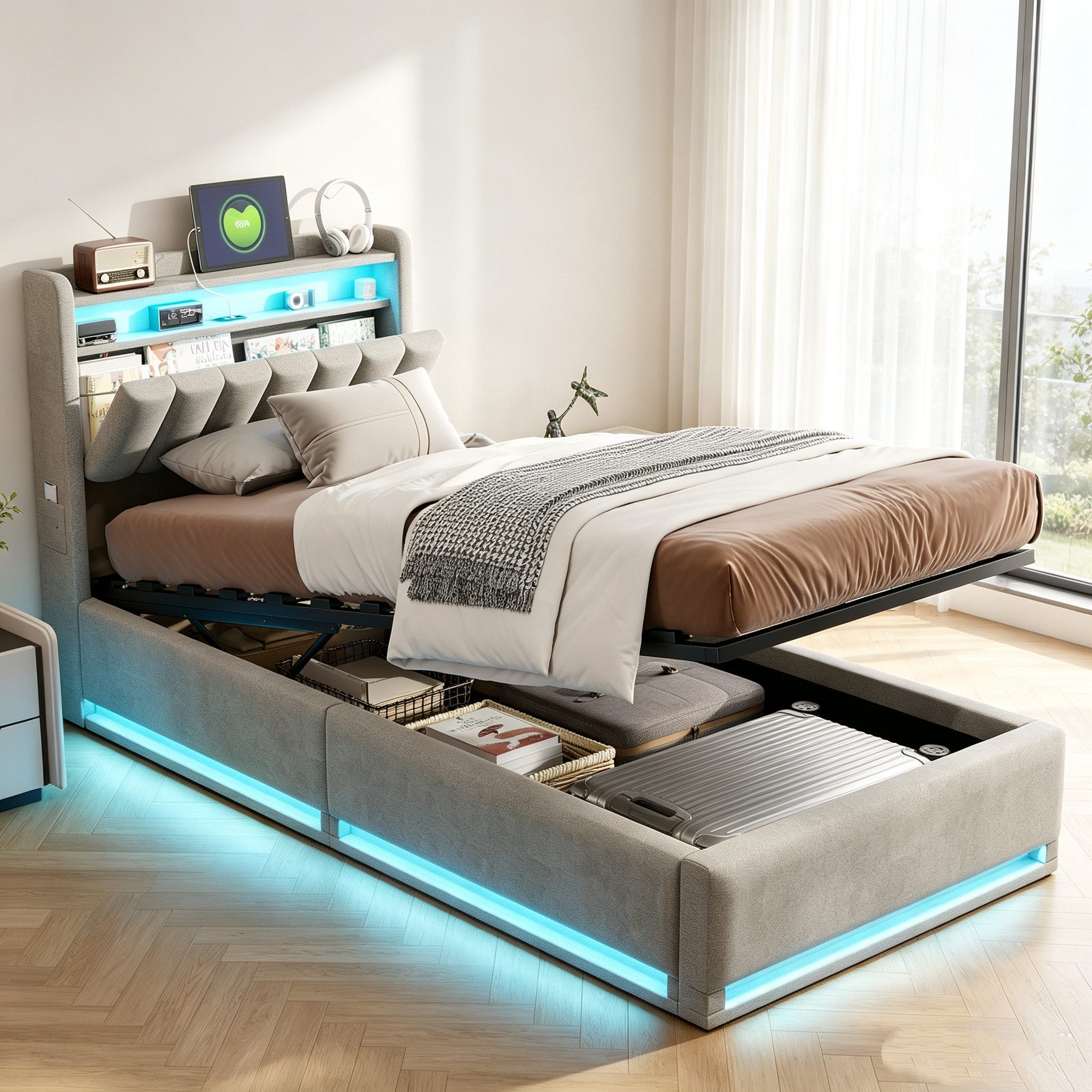 Simurq Polsterbett Samtbett mit Bettkasten 90x200, Einzelbett, Jugendbett, Luxuriöses Samtbett mit Stauraum, Mit Lattenrost, USB Port & LED