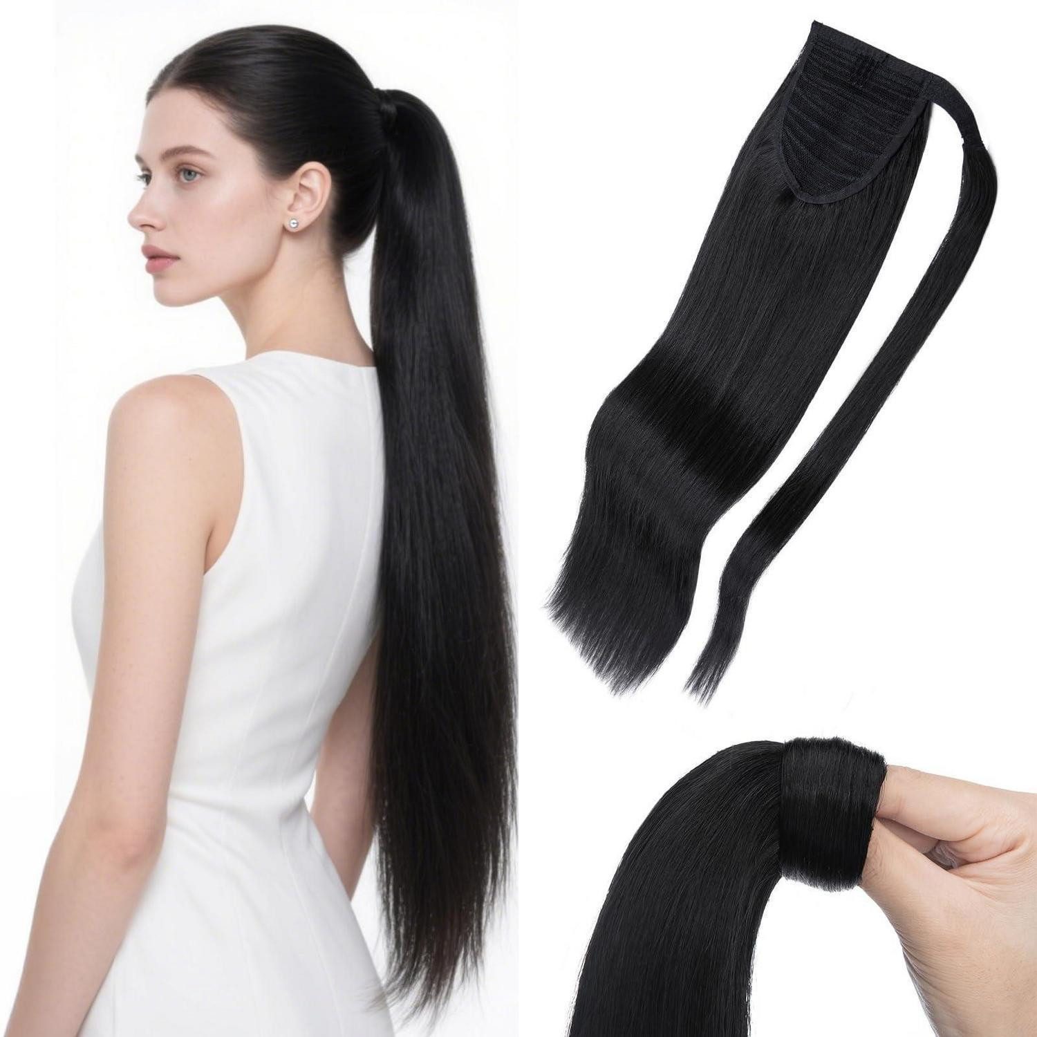 LuxusKollektion Echthaar-Extension Haarverlängerung Echthaar Ponytail Klett Zopf 45 cm-90g 01 Schwarz