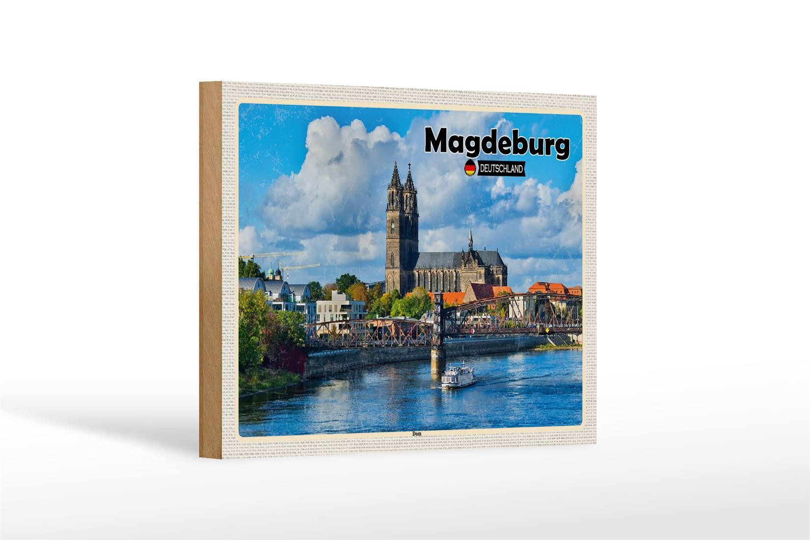 Femer GmbH Holzbild Städte Magdeburg Dom Fluss Architektur 18x12 cm, (1 St), Glatte Holzfaserplatte (MDF), vorn beschichtet