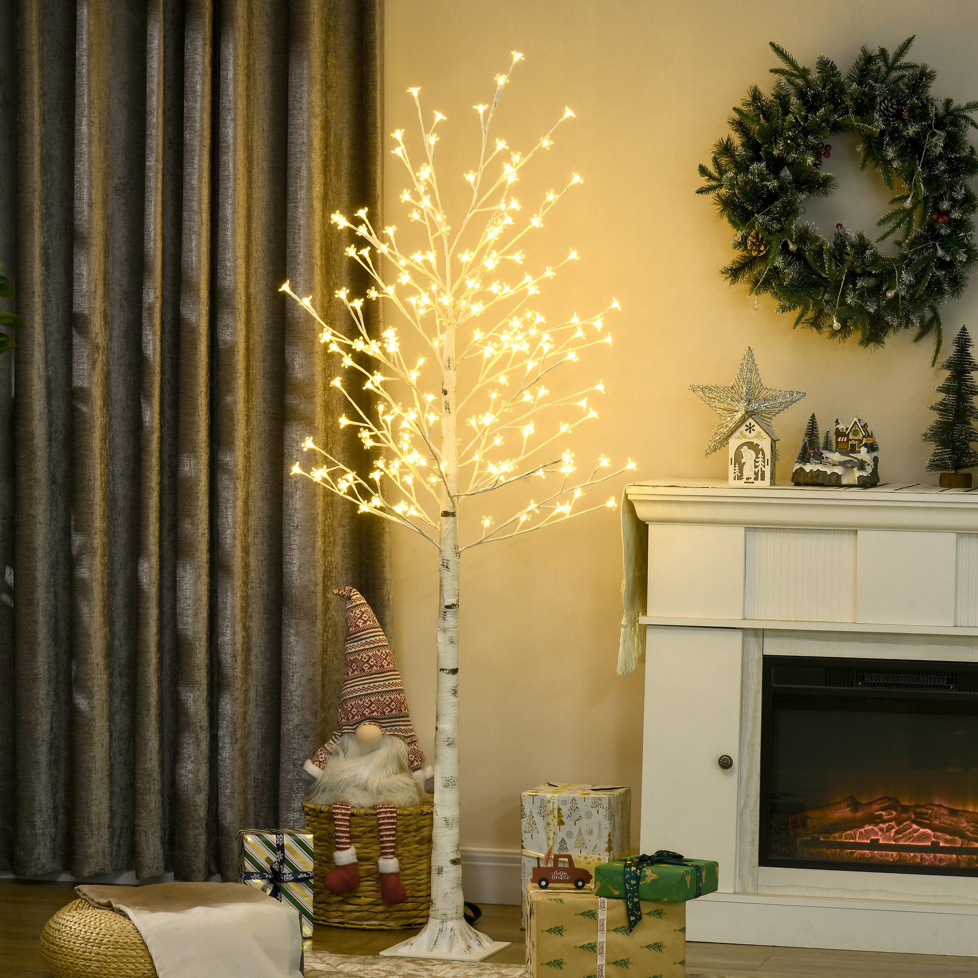 HOMCOM LED Baum Kunstbaum, Kirschbaum mit 180 LEDs, 3 Helligkeitsstufen, Osterdeko, Warmweiße LED-Lichter, LED, Warmweiß, Vorbeleuchtete Design