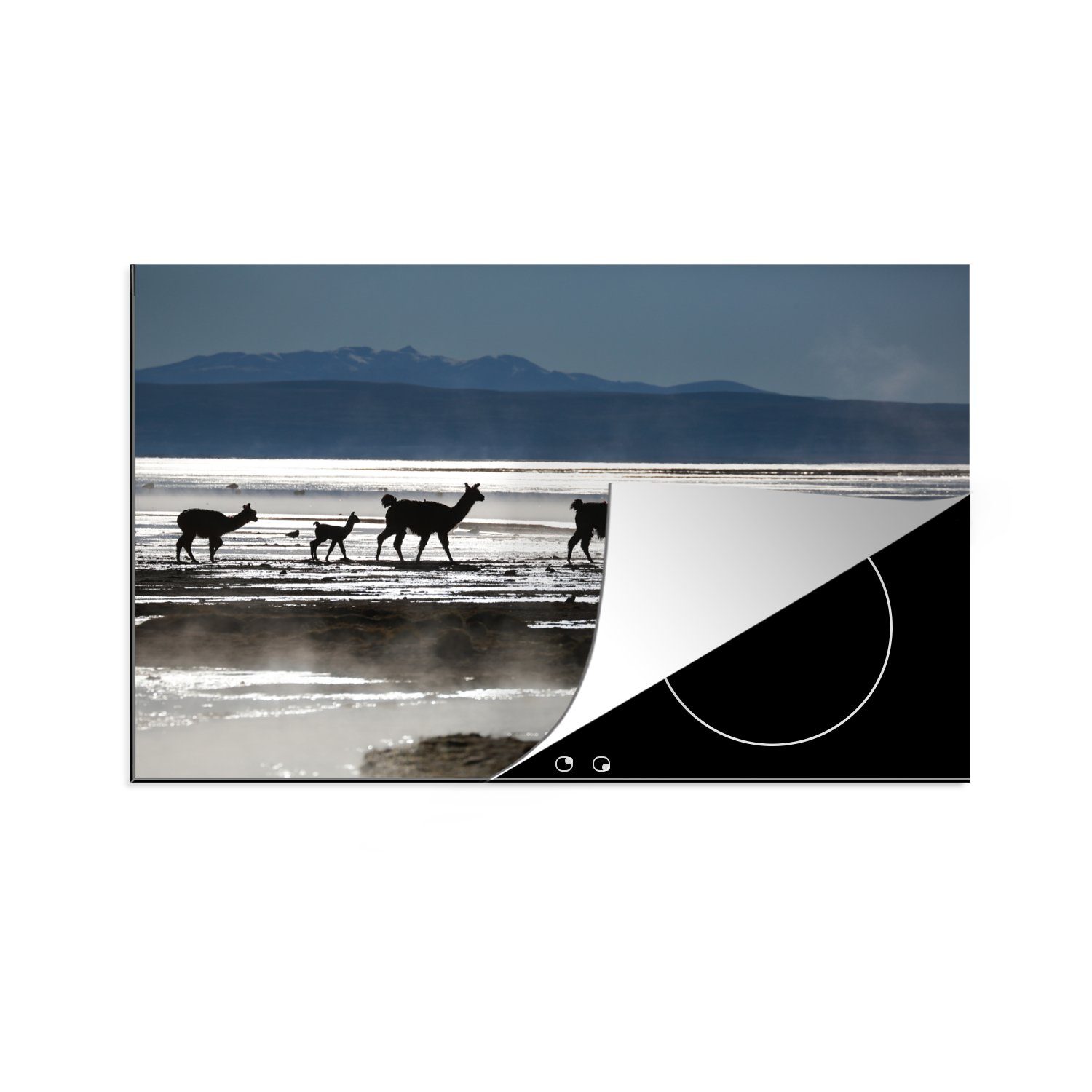 MuchoWow Herdblende-/Abdeckplatte Alpakas - Berg - Wasser, Vinyl, (1 tlg), 81x52 cm, Induktionskochfeld Schutz für die küche, Ceranfeldabdeckung