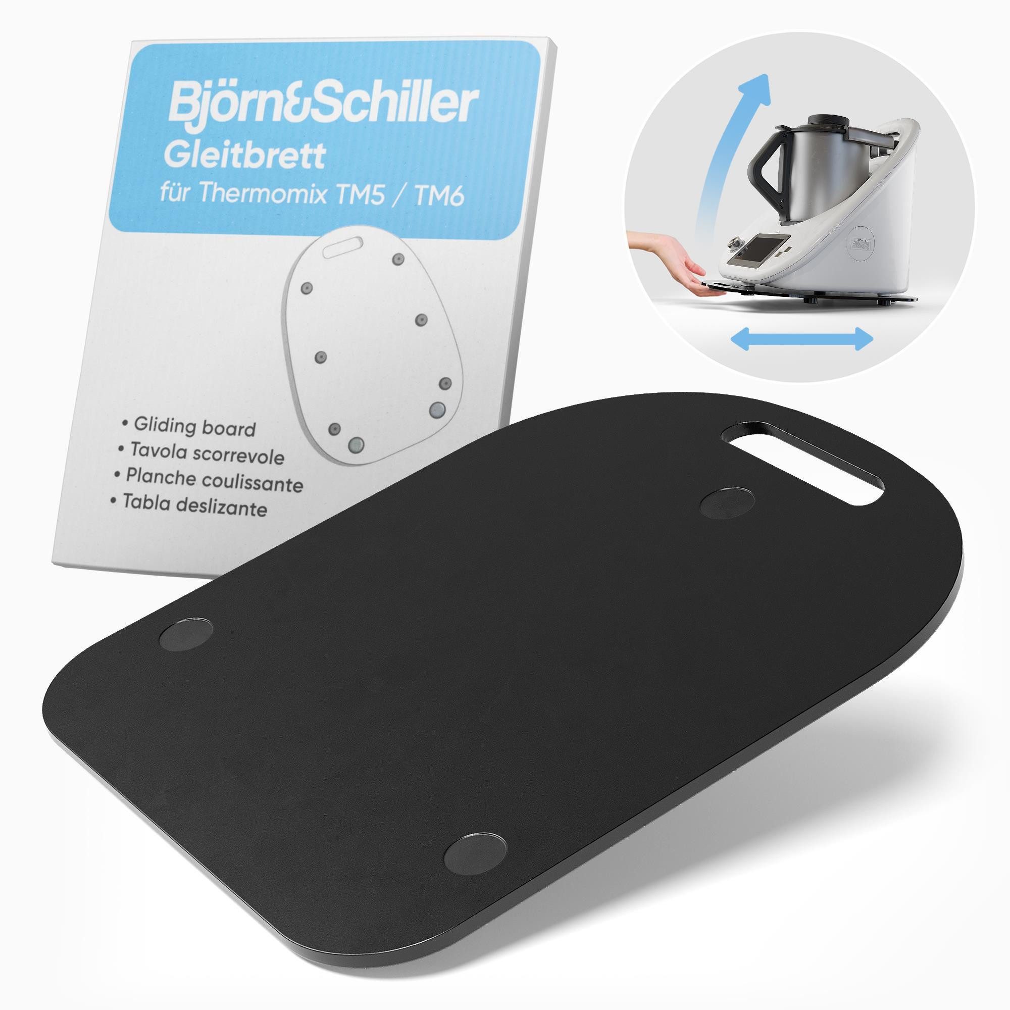 Björn&Schiller Küchenmaschinen Zubehör-Set Gleitbrett für Thermomix TM6 und TM5 mit Anti-Rutsch-Füßen, aus Acryl, Zubehör für Thermomix TM6 und TM5, Gleitbrett mit Teflon-Gleitern, Stabiles Acrylbrett, Schwarz