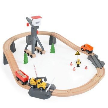 Tooky Toy Spielwelt Holzrennbahn TH682, 35-tlg, Holzschienen, Baufahrzeuge, Kran, Zubehör