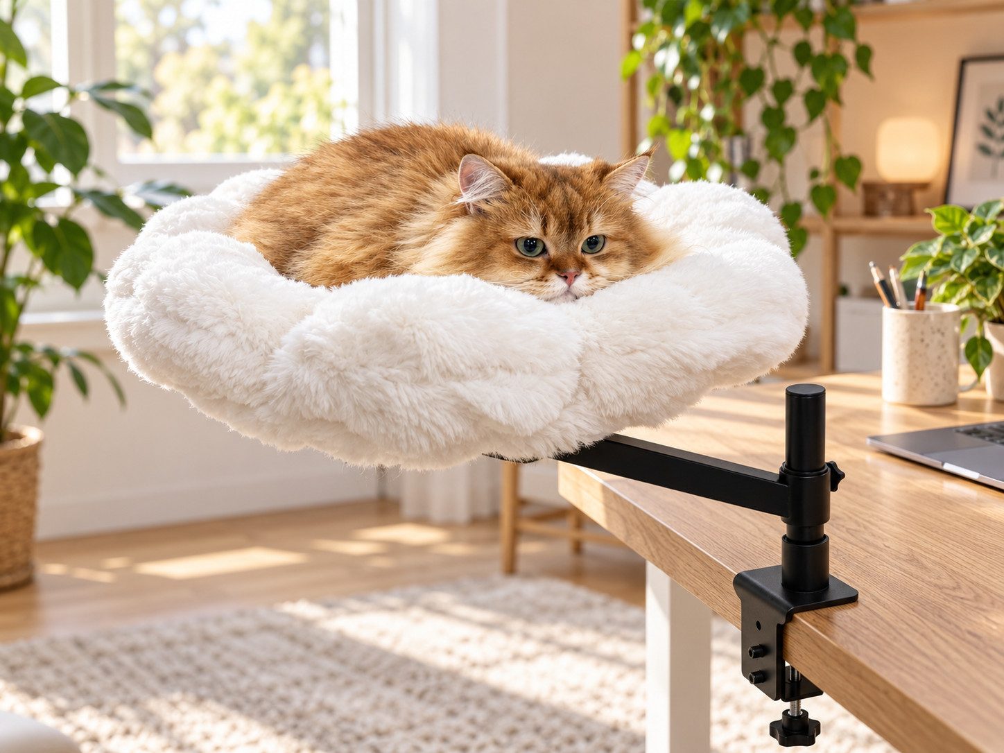 BingoPaw Tierbett Blumenform Katzenbett für Schreibtisch, 360° drehbar, höhenverstellbar, Polyester, Katzenliege mit Klemmhalterung 3–10 cm, abnehmbar waschbar, bis 20 kg