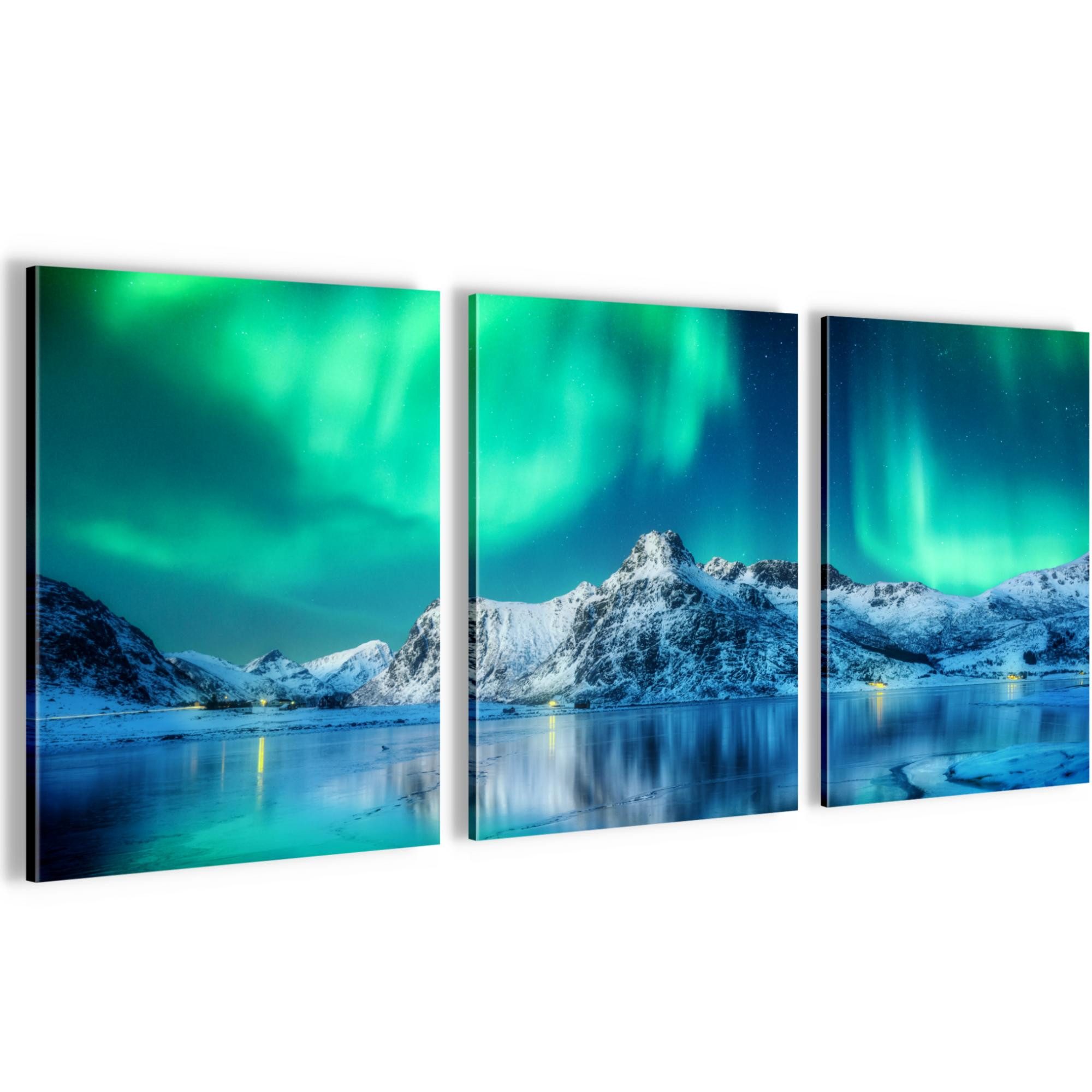 Novart Wandbild Polarlicht Nachthimmel AUFHÄNGFERTIG Flur Deko 3 Grün Blau N034835b, 30 x 40 cm - 3 Bilder