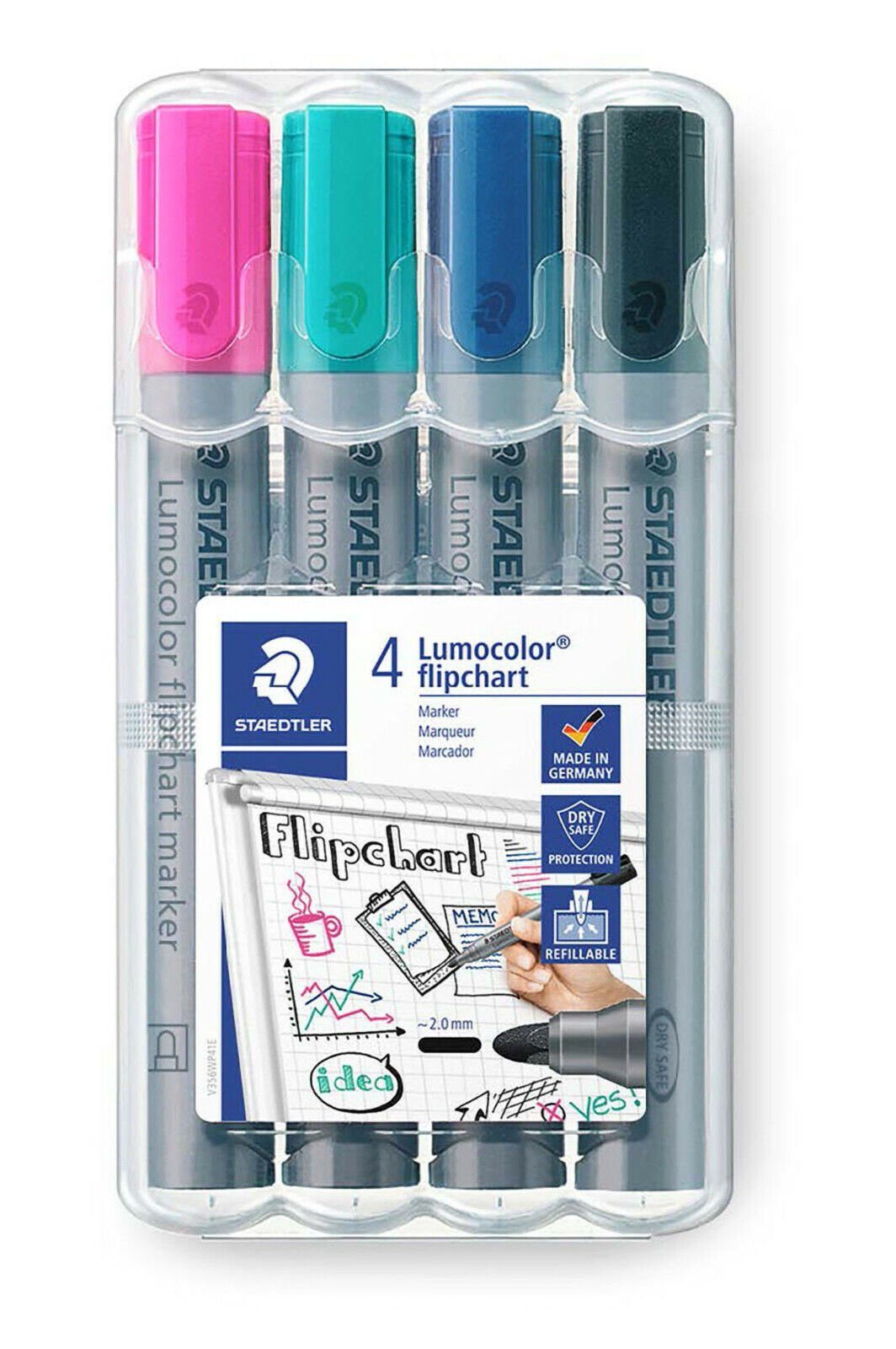 STAEDTLER Folienstift Lumocolor FlipChart Marker Boardmarker, Rundspitze WP4-1 2mm 4er-Etui 356