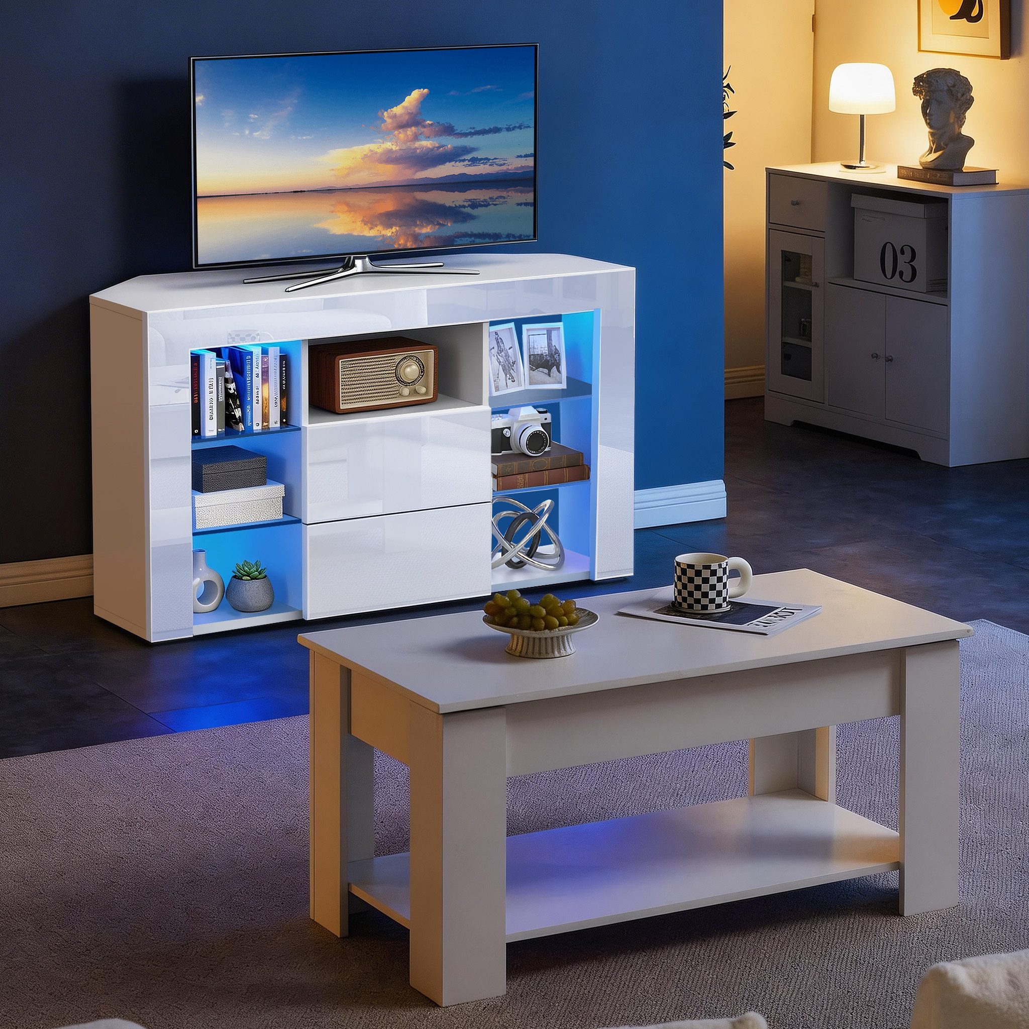 oyajia Lowboard TV Eckschrank Fernsehtisch Hochglanz mit LED-Beleuchtung 100x40x68 cm (mit 16 Led Farben Beleuchtung), TV-Schrank mit 2 Schränken & offenen Regalen