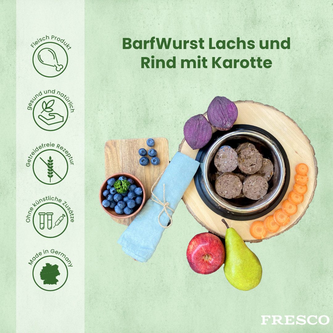 Fresco Dog BARF Hundewurst schnittfest Lachs mit Rind I 2 x 400g, Nassfutter für: Hunde, 80% Frischfleisch mit Karotte, Kürbis & Spirulina