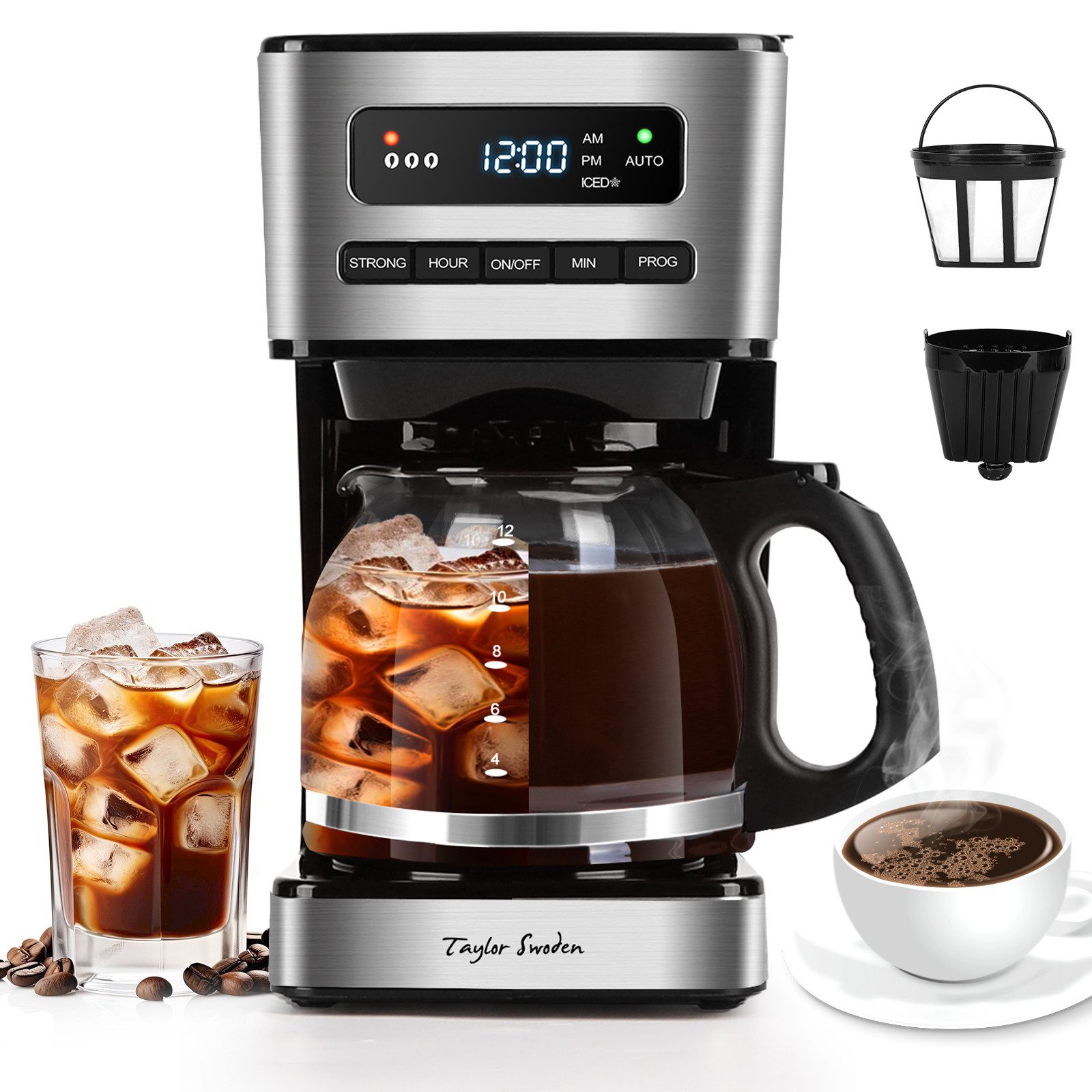 Taylor Swoden Filterkaffeemaschine 1,8L mit 24H Timer, Eiskaffee-Modus, 3-stufige Stärkeauswahl automatische Reinigung, Wiederverwendbarem Filter, Eiskaffee-Modus