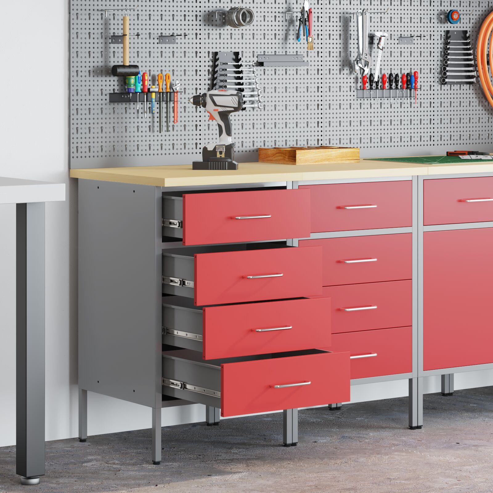 vidaXL Werkbank 100 x 55 x 85 cm Werkbank 2 Stück Rot und Grau aus Spanplatte und Stah