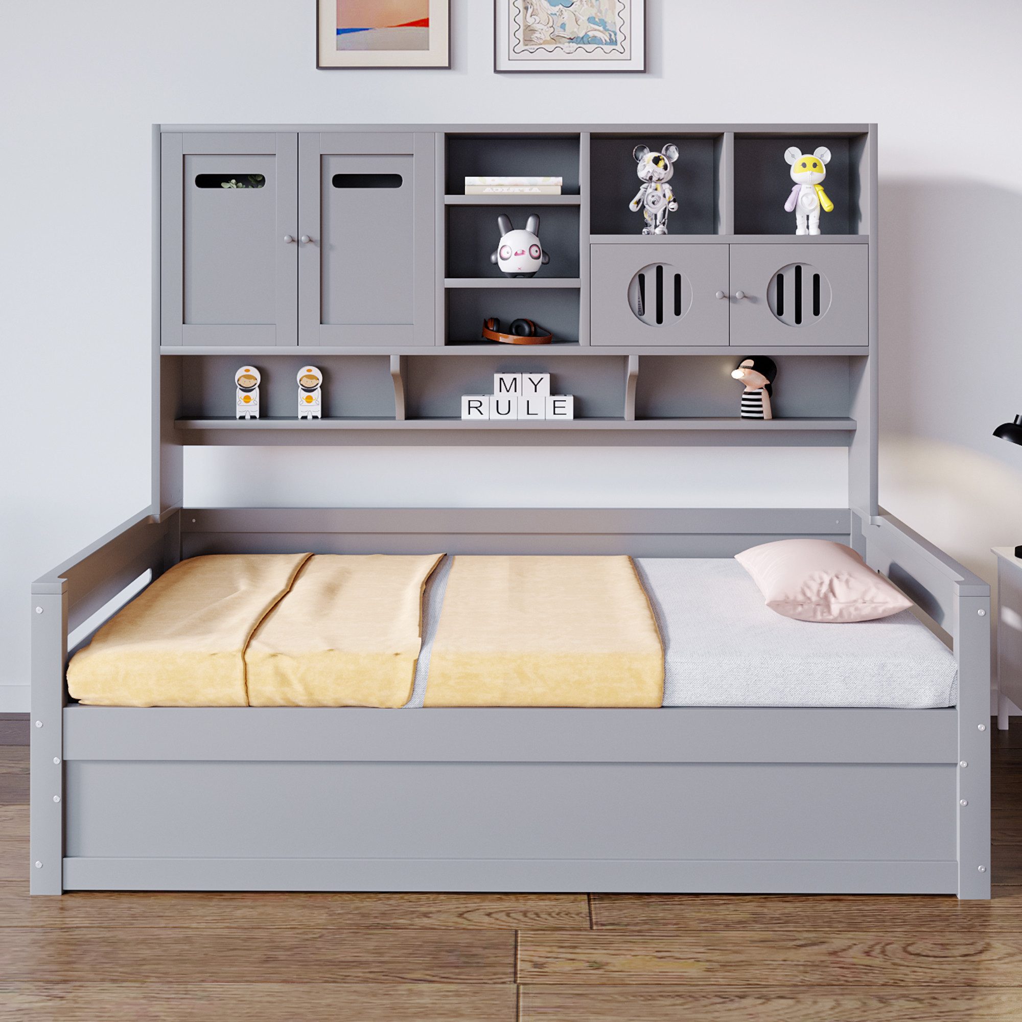REDOM Schlafsofa mit hydraulischem Bettmechanismus, Multifunktionaler Stauraum, Kinderbett aus Holz, Stauraumbett 90x200cm, ohne Matratze