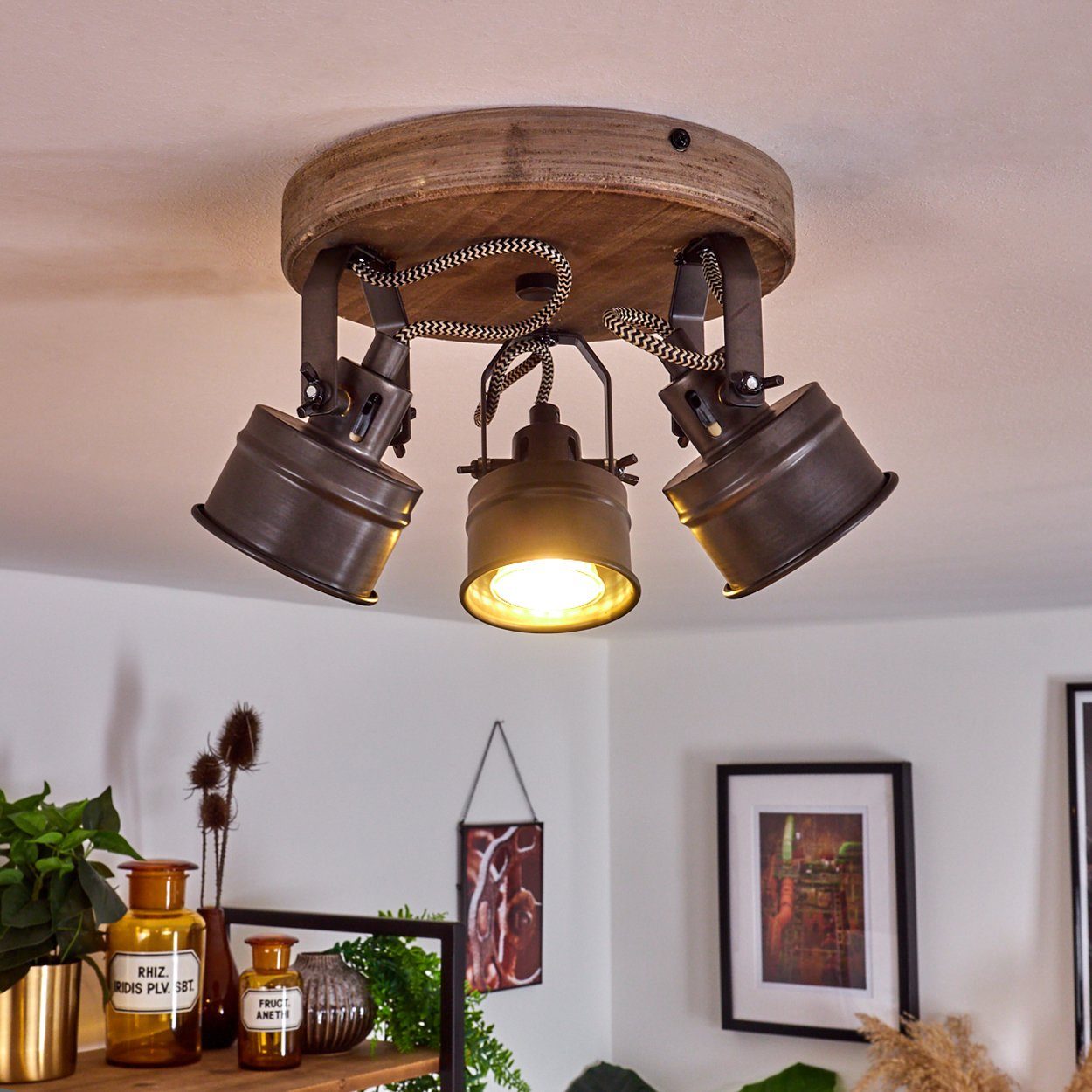 Retro-Leuchte in Metall/Holz verstellbaren Deckenlampe »Villanuova« ohne Holzbalken Schwarz/Braun, aus hofstein 3xGU10 Strahlern, Deckenleuchte mit runde und Leuchtmittel,