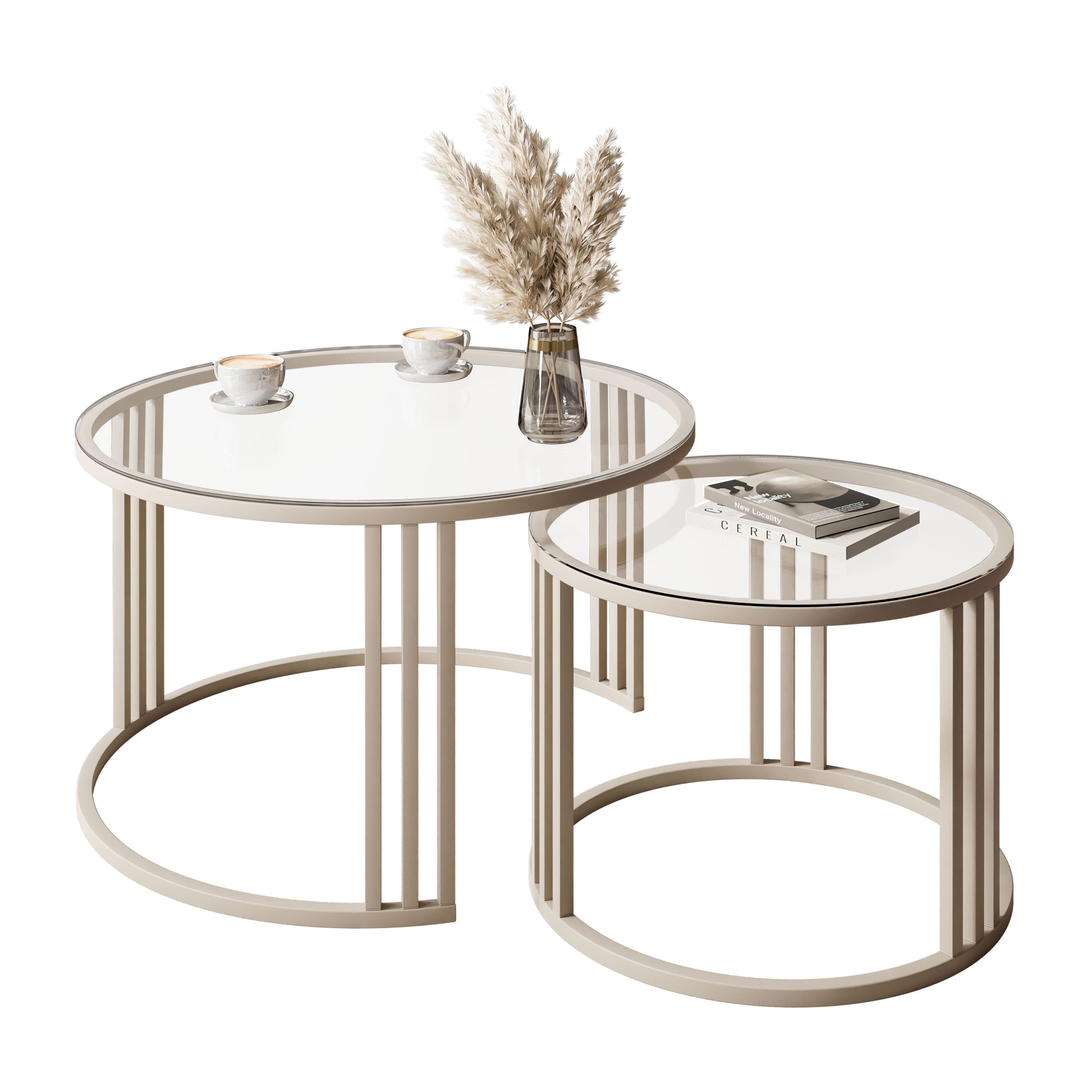 Lookway Couchtisch LORI 2in1 GLASS, runder Couchtisch mit kaschmirfarbenem günstig online kaufen