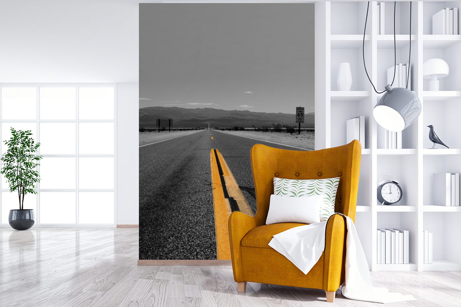 Tapete MuchoWow Schwarz-Weiß-Foto einer gelben Linienmarkierungen, Wohnzimmer, bedruckt, für mit Straße Matt, Vinyl Fototapete St), (3 Montagefertig Wandtapete