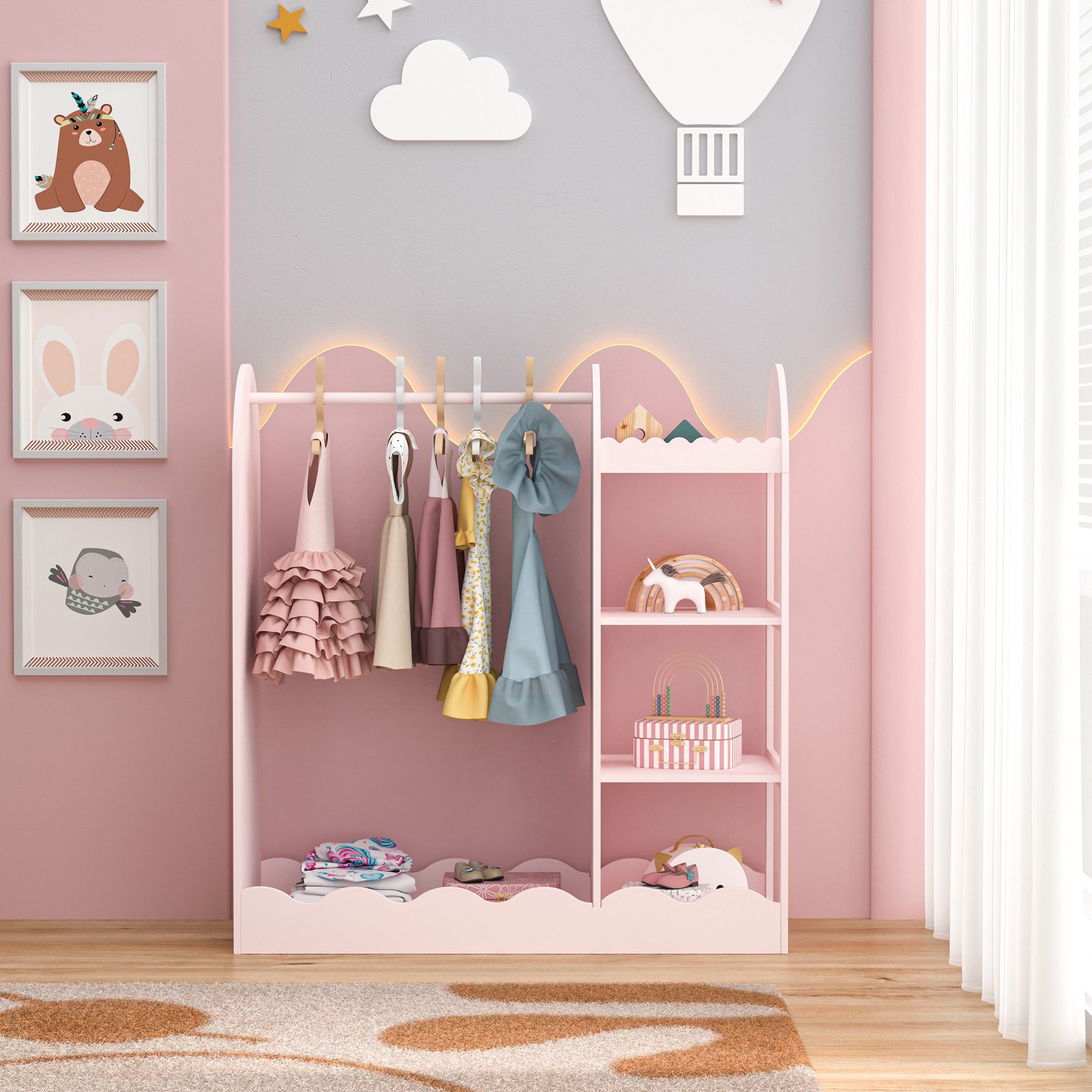 en.casa Garderobenständer, für Kinder »Vestnes« mit Spiegel 100x94x38 cm Cotton Candy