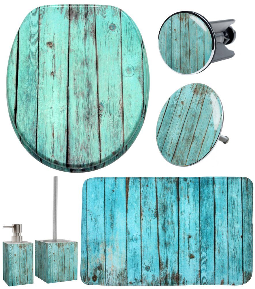 Sanilo Badaccessoire-Set 6-teilig Lumber, WC-Sitz mit Absenkautomatik, Badteppich 70 x 110 cm, Waschbeckenstöpsel, Badewannenstöpsel, Seifenspender, WC-Bürste, 6 tlg., hochwertig & modern, universell, leichte Montage