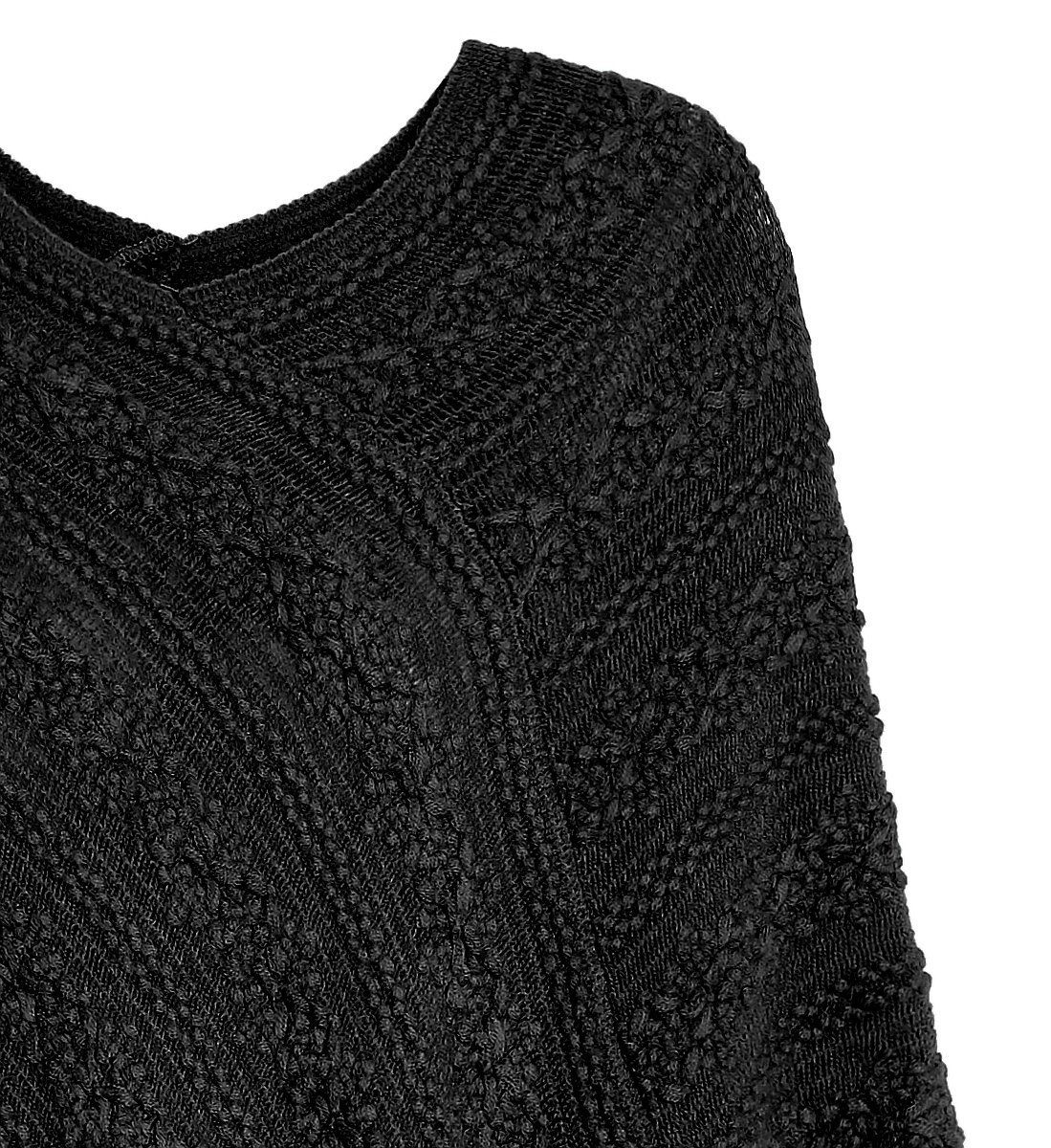 dy_mode Strickponcho Unifarbe Blumen in Cape Strickmuster Pullover Strickponcho in Poncho Schwarz Umhang Damen