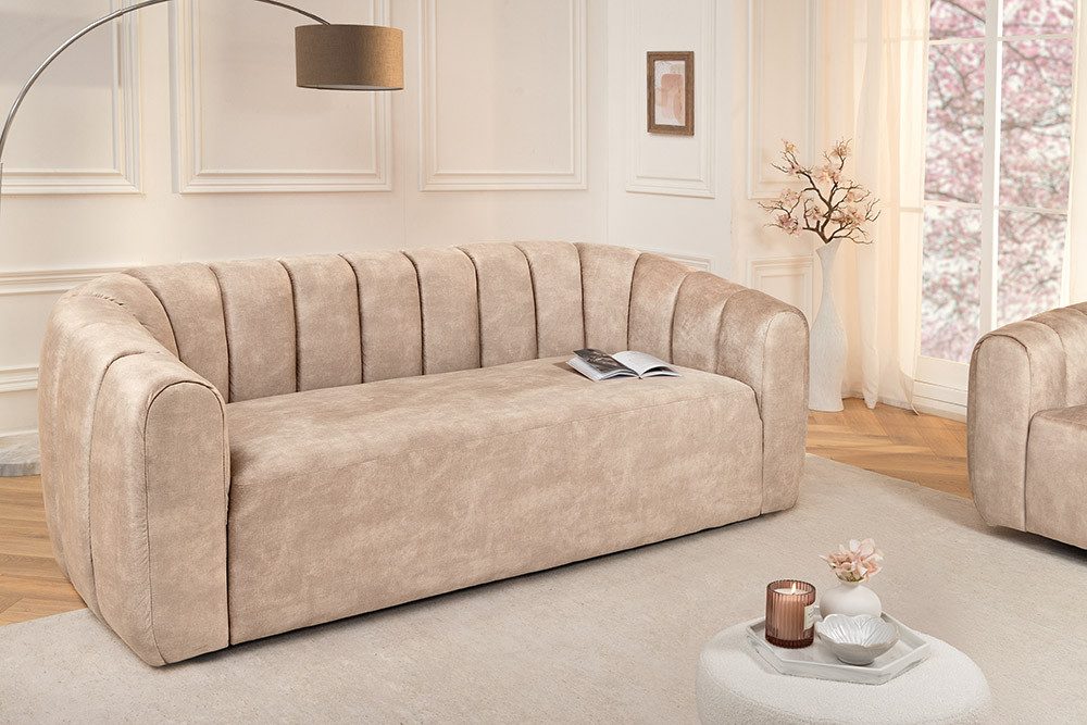riess-ambiente 3-Sitzer BABYLON 200cm champagner beige · Retro Samt-Couch mit Ziersteppung, Einzelartikel 1 Teile, Schaumstoff-Polsterung · abgerundete Form · pflegeleicht & langlebig