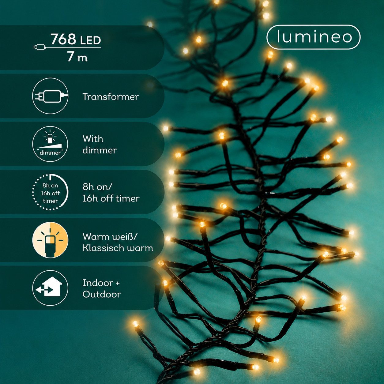 Lumineo LED-Lichterkette Lumineo Lichterkette CLUSTER 768 LED 7 m, warm weiß + klassisch warm, Dimmbar, 8h-Timer, Indoor/Outdoor, 2 Farben – Bild 2 von 5