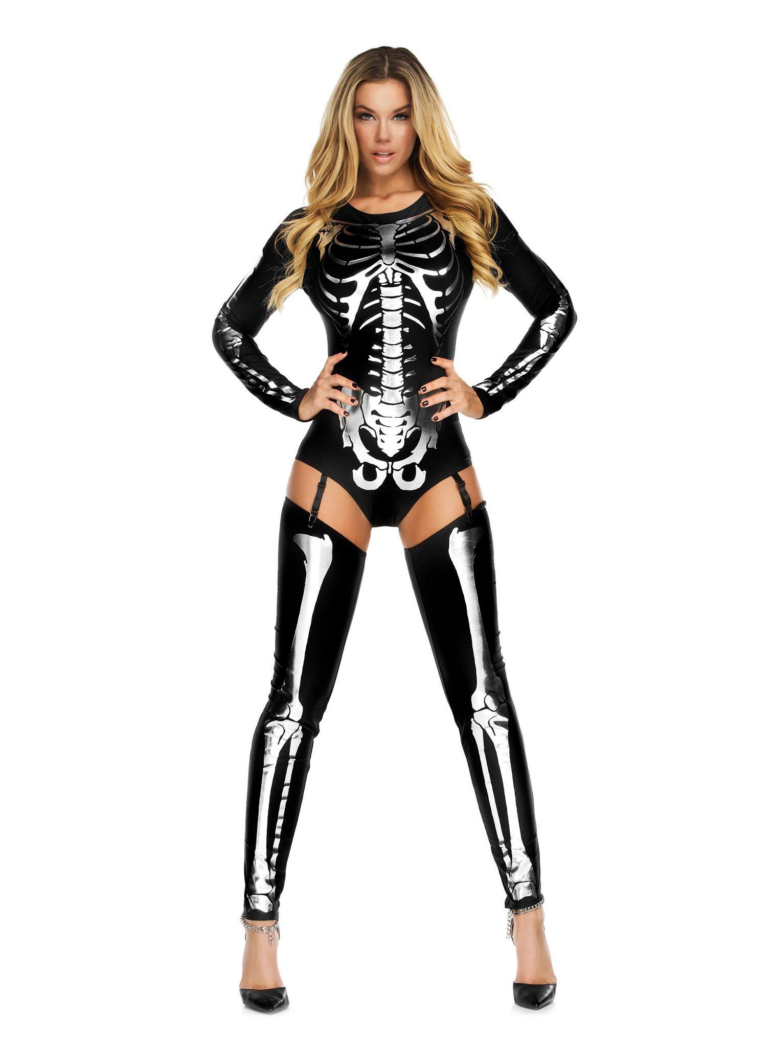 Forplay Kostüm Skelett Body schwarz mit Stulpen, Todschicker Look, perfekt für heiße Halloween Partys!