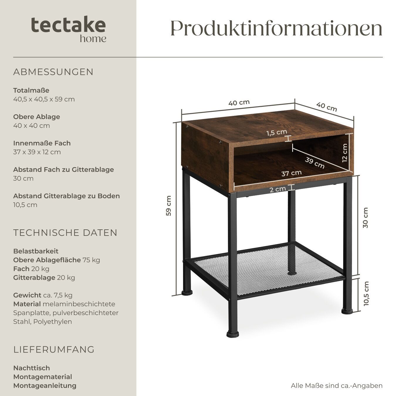 tectake Nachttisch Beistelltisch Harlow 40,5x40,5x59cm (1-St., 3 tlg), Quadratischer Nachttisch im markanten Industrie-Chic
