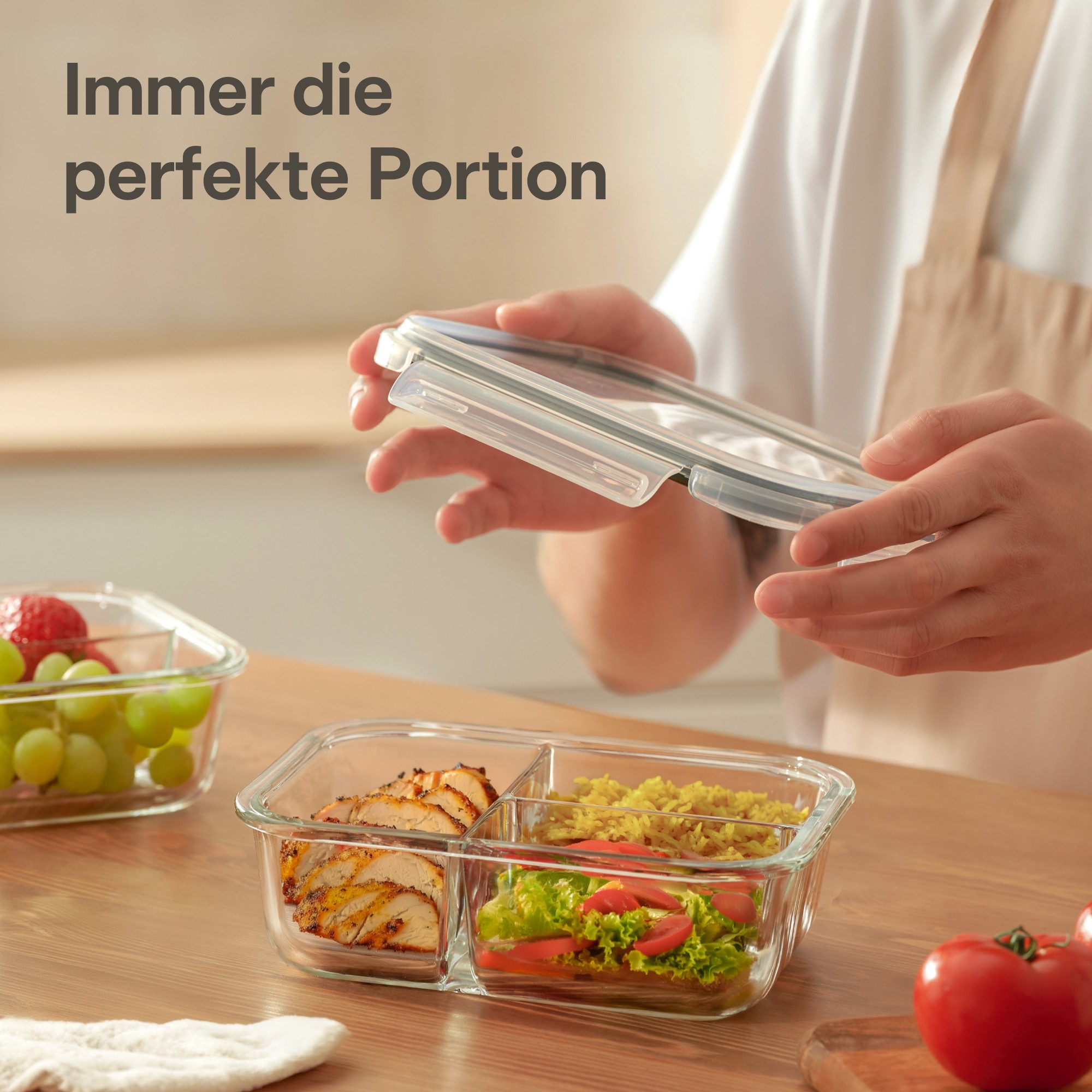 Praknu Lunchbox Meal Prep Boxen Glas 3 Fächer - Glasdosen 2er Set mit Deckel 1000ml, Borosilikatglas mit BPA-freiem Kunststoffdeckel und Silikon, (Set), 1000 ml Glasbehälter Ofenfest - Bento Box Zum Einfrieren - Tupper