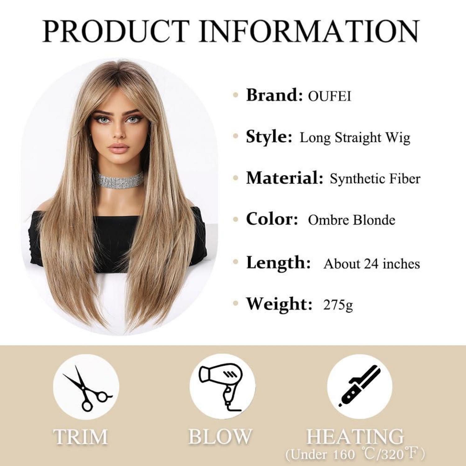 LuxusKollektion Kunsthaarperücke Ombre Blonde Lange Gerade Perücke mit Pony für Frauen inkl. Dunkle