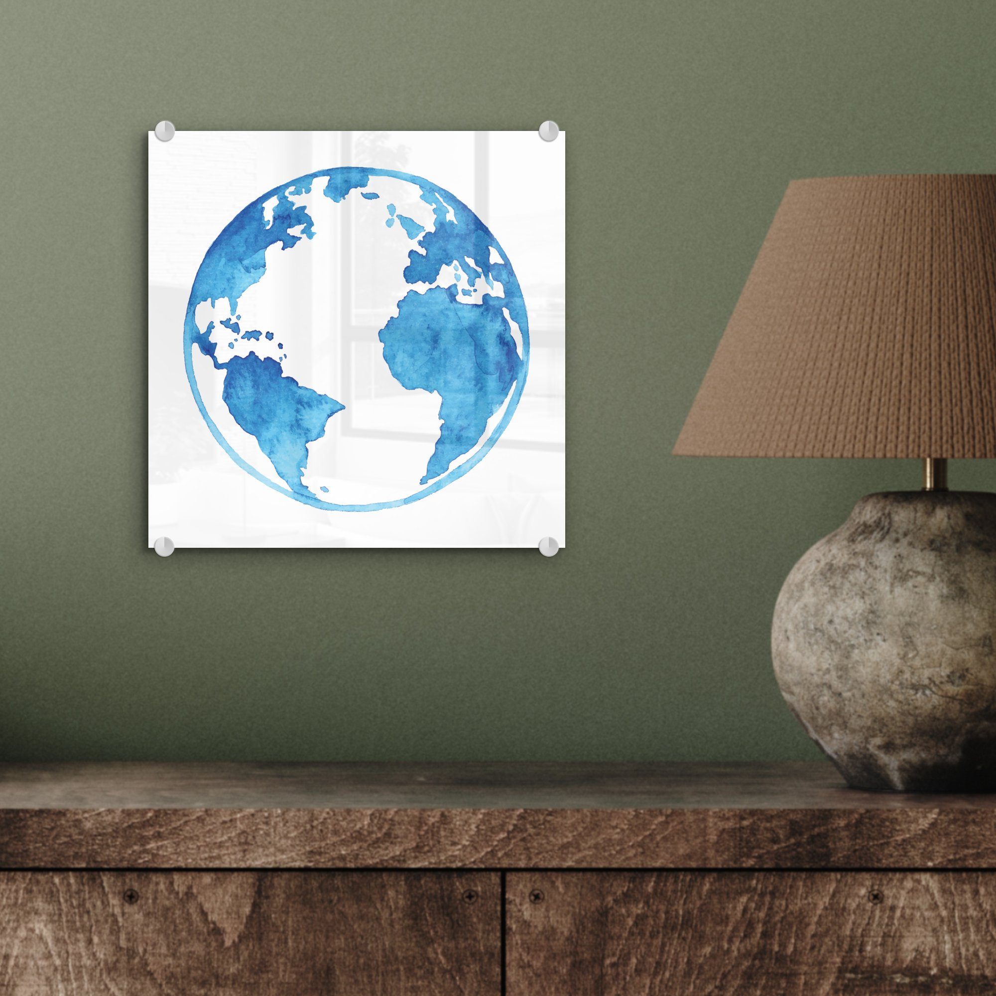 MuchoWow Acrylglasbild Aquarell-Globus-Illustration, (1 St), Bilder - Wanddekoration - auf auf Foto Glas Wandbild Glasbilder Glas 