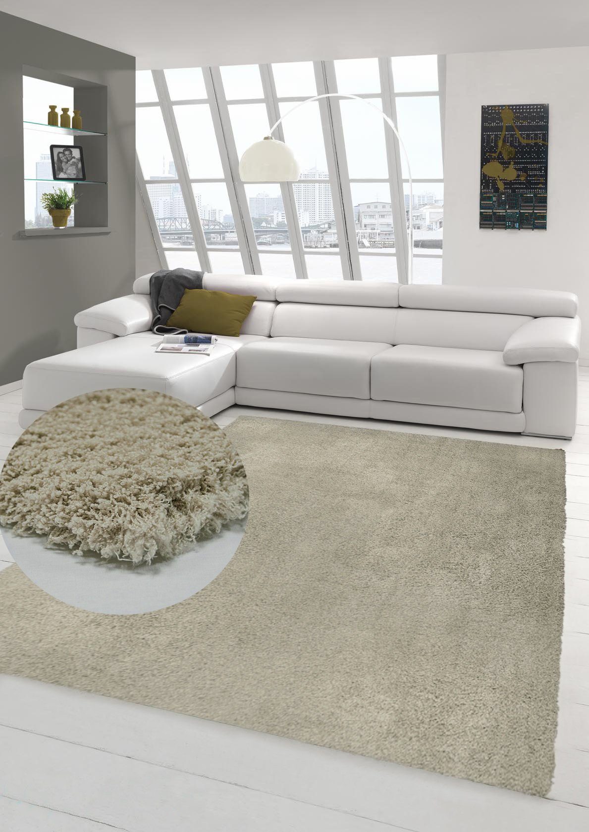 Hochflor-Teppich Shaggy Teppich Micro Polyester Hochflor Langflor Teppich  Wohnzimmer Teppich Gemustert in Uni Design Mocca Beige, Teppich-Traum,  rechteckig, Höhe: 40 mm