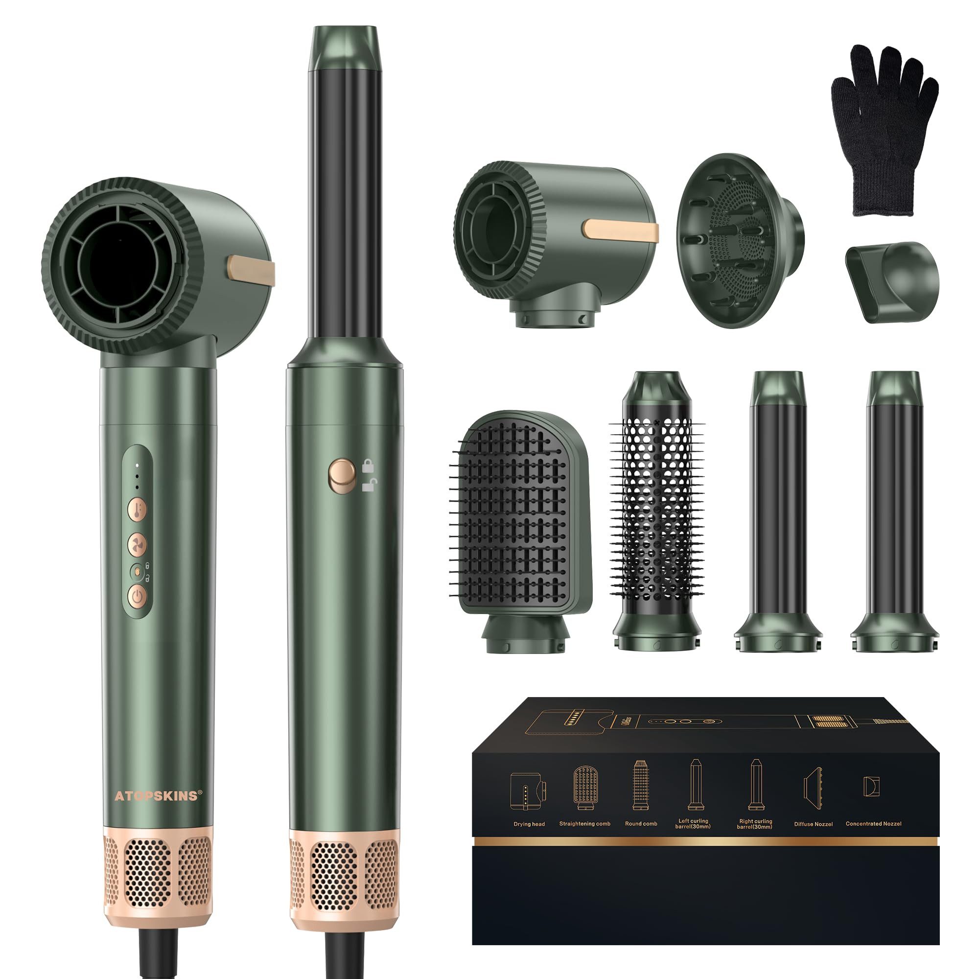 UKLISS Multihaarstyler 7‑in‑1 Multi‑Haarstyling‑Set, 1400‑W‑Haartrockner mit Diffusor, 30‑mm‑Lockenstab, Stylingbürsten zum Trocknen, Locken und Glätten