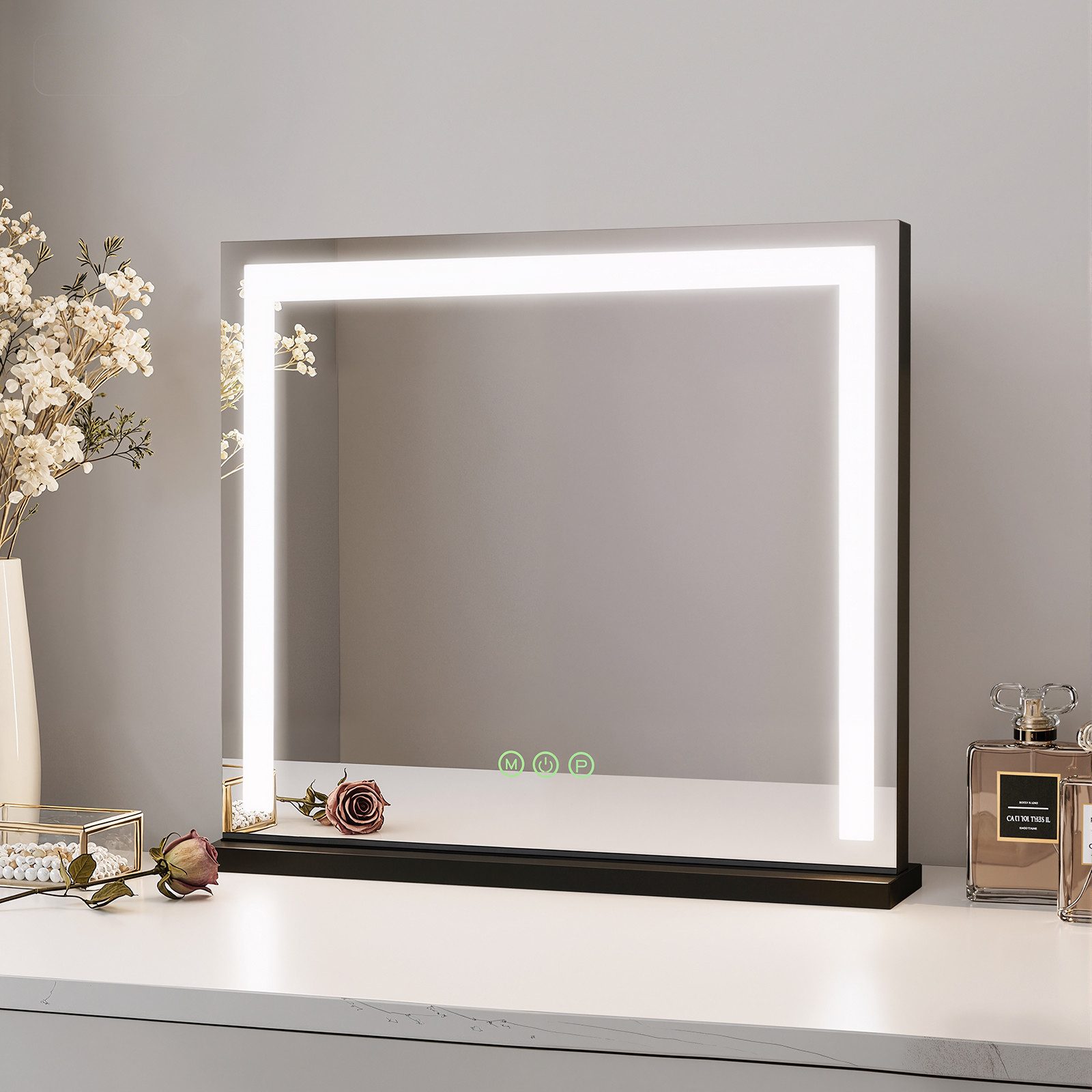 MEYKOERS Kosmetikspiegel Kosmetikspiegel mit 3 Lichtfarben, Dimmbar, Touchsteuerung, LED-Tischspiegel mit Memory-Funktion und 1820 lm