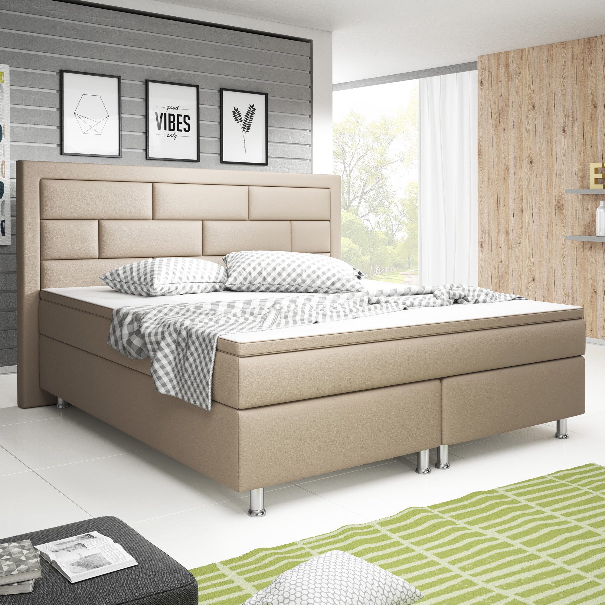 inter Boxspringbett Nizza Kunstleder mit 7 Zonen Taschenfederkernmatratzen und Topper (180x200 cm, Muddy mit 7 Zonen Taschenfederkernmatratzen und Topper), Taschenfederkern-Komfort, gepolstertes Kopfteil, inklusive Matratzen