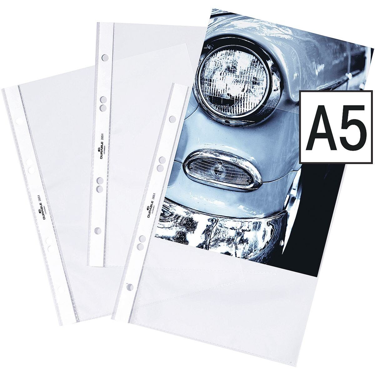 DURABLE Prospekthülle, 25 Stück, glasklar, Format A5, 6-fach-Lochung, oben offen