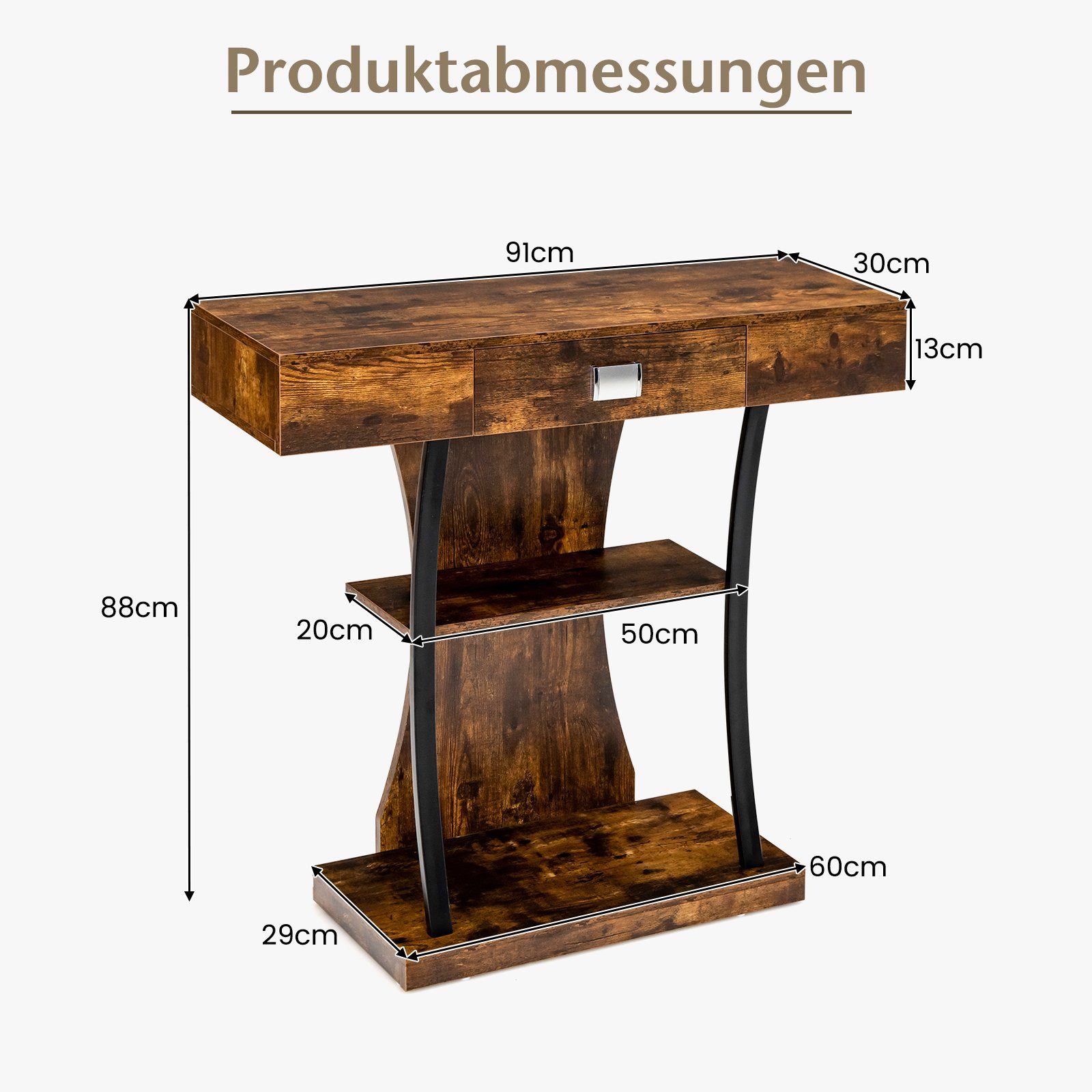 COSTWAY Konsolentisch, Schubladen & 91cm 2 Ablagen, braun mit Kippschutz