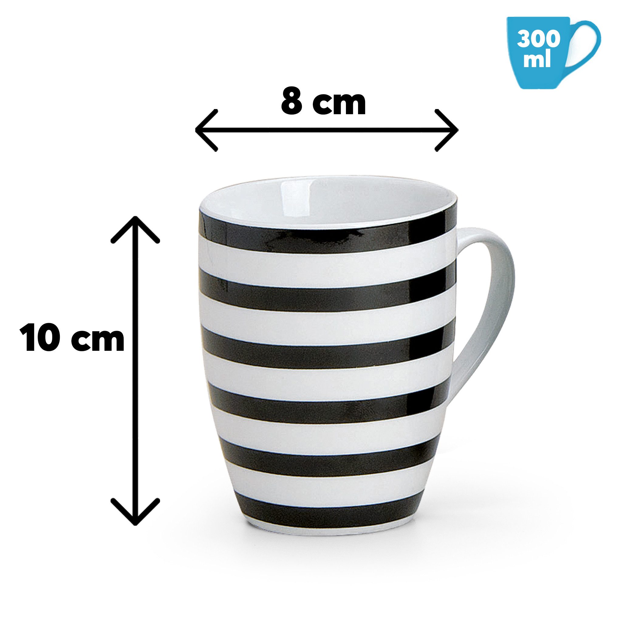 matches21 HOME & HOBBY Tasse Kaffeetassen 4er Set Streifen & Karo-Design, 4-tlg., Porzellan, Tee Kaffee-Becher, klassisch, schwarz weiss gestreift, 300 ml