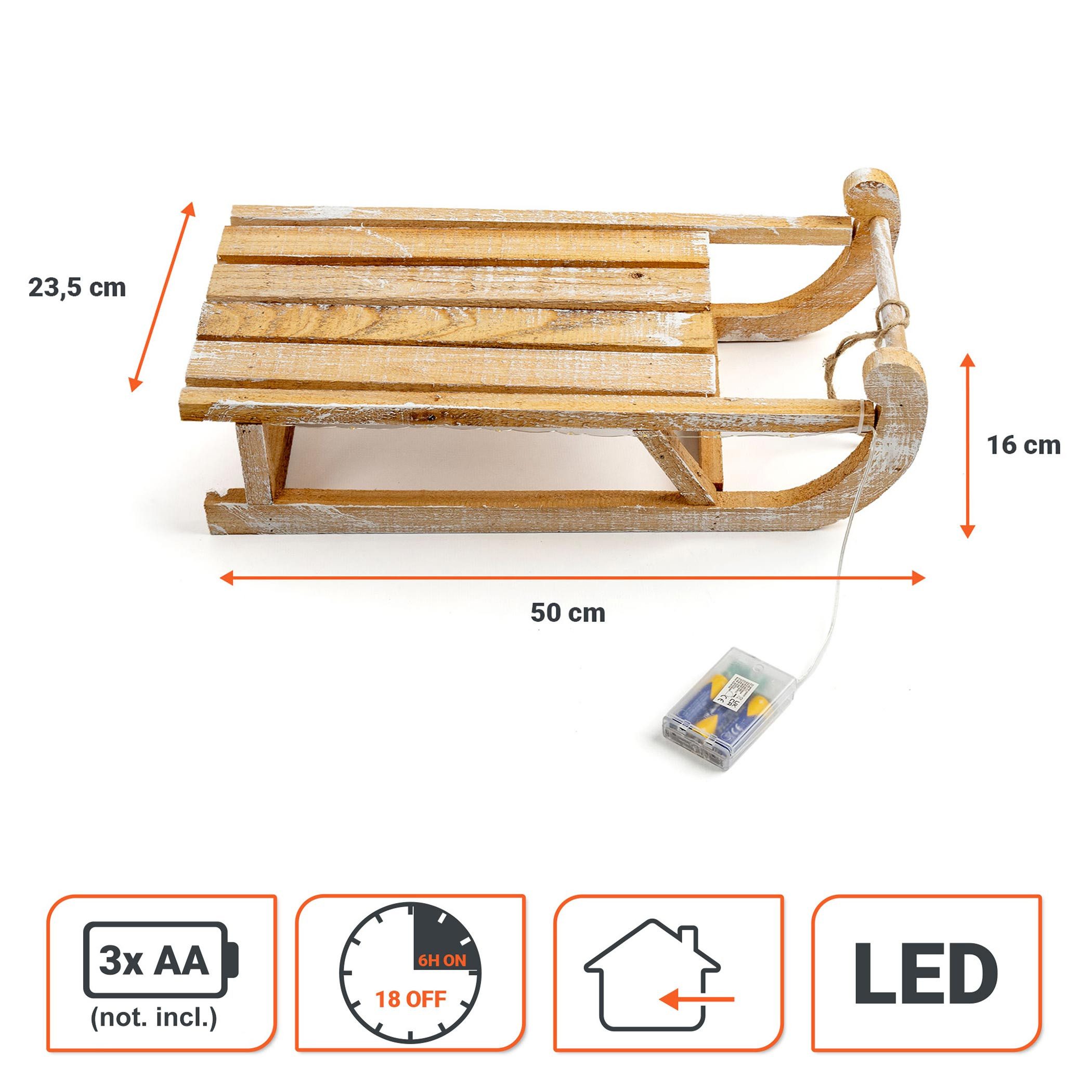 Spetebo LED Dekoobjekt LED Holz Deko Schlitten natur - 50 x 23 cm, Timerfunktion, LED fest integriert, warm weiß, batteriebetrieben – Bild 2 von 5