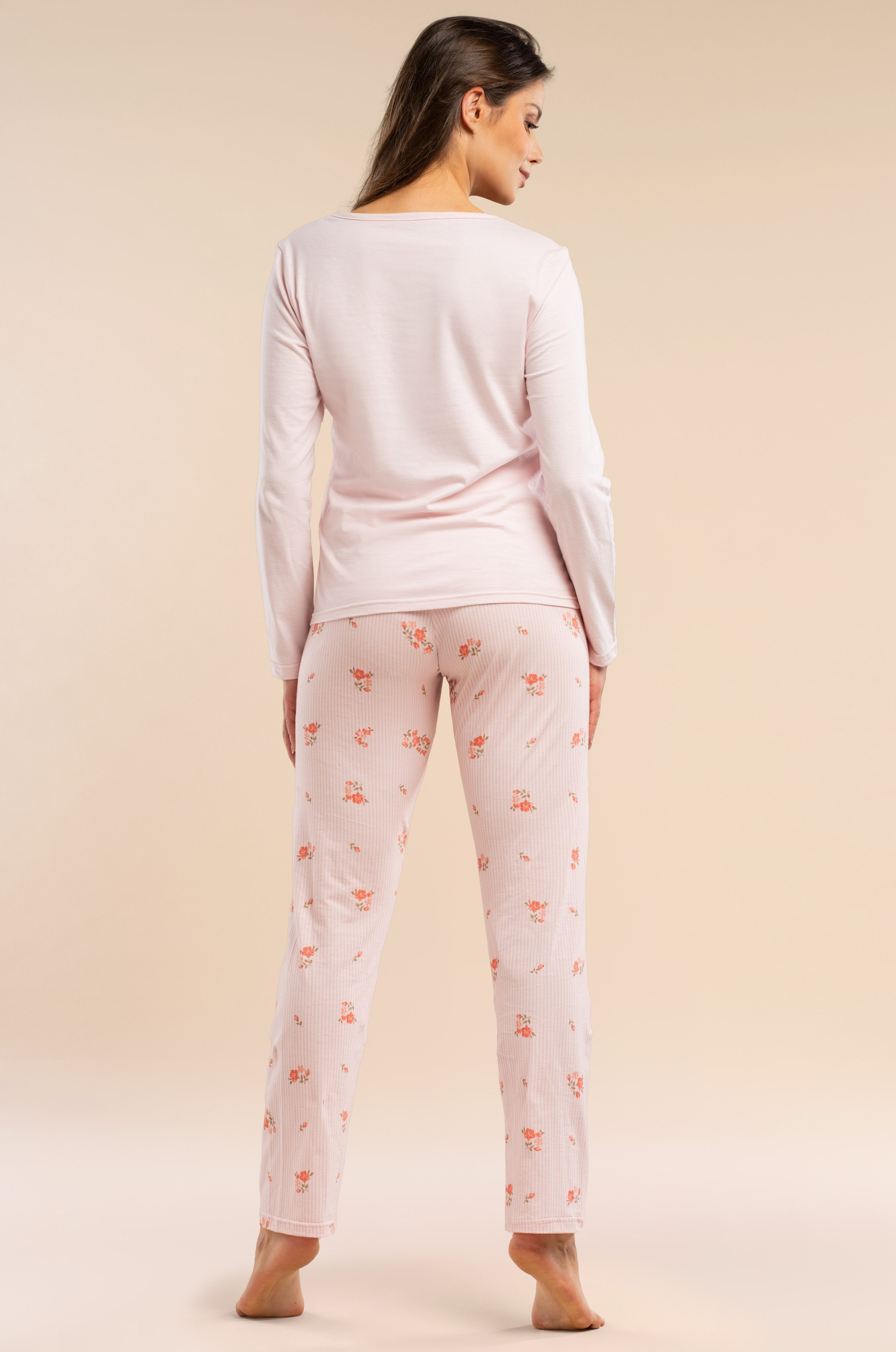 Mademoiselle Sommeil Pyjama Damen Schlafanzug mit Langarmshirt & langer Hose mit floralen Streifen (2 tlg) aus 100% Baumwolle, hautfreundlich & atmungsaktiv – Bild 3 von 5