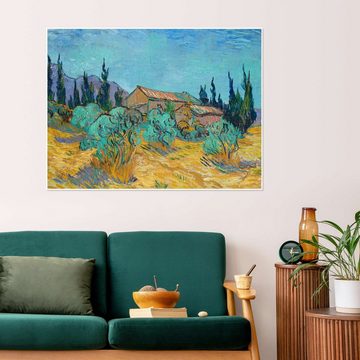 Posterlounge Poster Vincent van Gogh, Holzhütten zwischen Olivenbäumen und Zypressen, Wohnzimmer Malerei