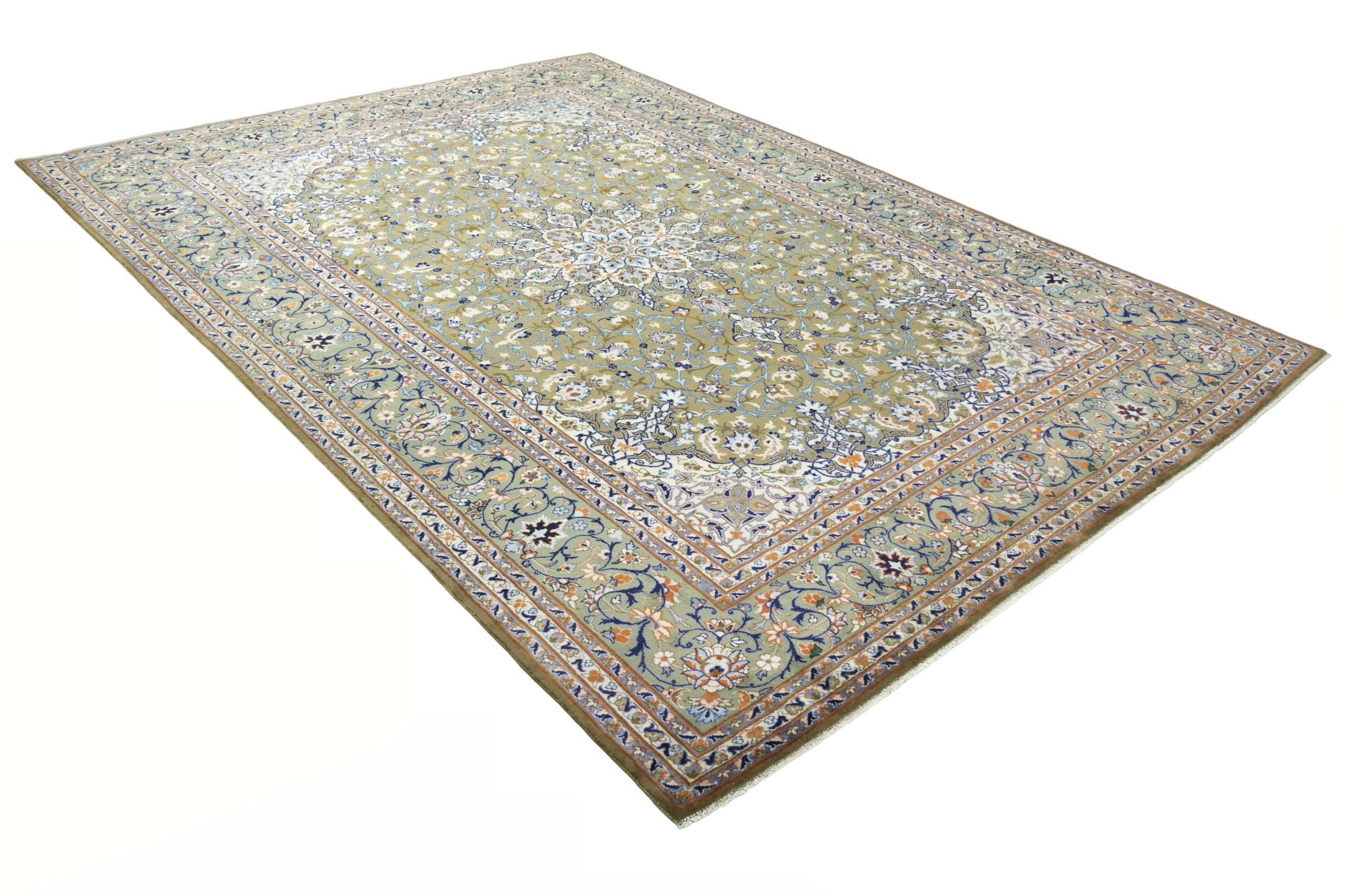 CABBEL Orientteppich 413x302 cm Perser Kashan Grün Schurwolle Handgeknüpft Klassisch Unikat, rechteckig, Höhe: 9 mm, 100% Schurwolle – weich, pflegeleicht, solide Knüpfdichte