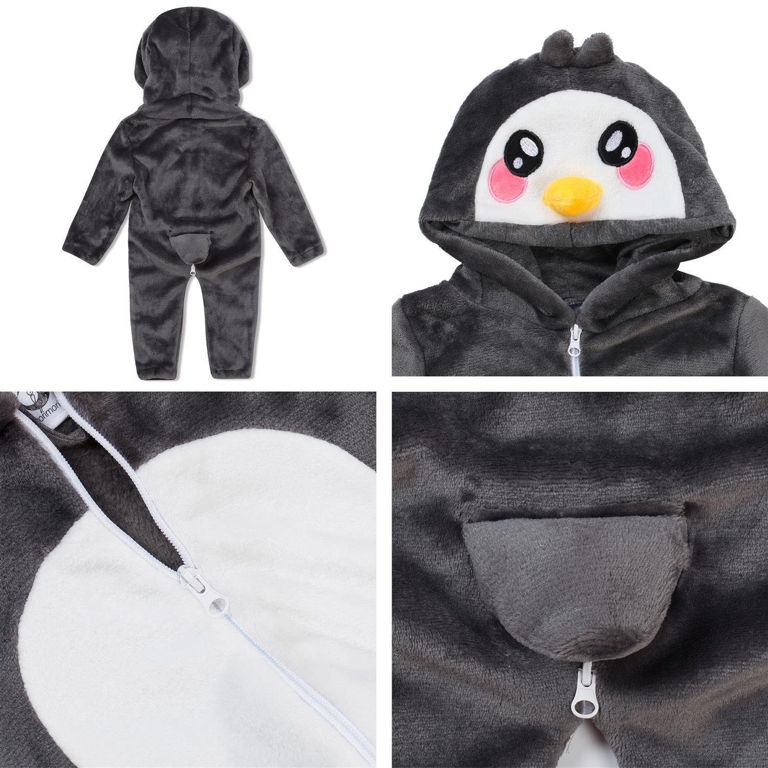 Panda, Strampler, der Fuchs, Onesie Drache, Dino, Fasching Pinguin (schwarz/weiß) (1-tlg) Kostüm, Corimori Größen für Flamingo Jumpsuit Faultier, 60-90cm, Strampler "Pablo" Einhorn, Pinguin, Baby