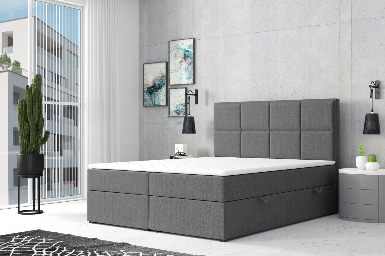 M-Punkt24 Boxspringbett Neapel (180 x 200 cm, Grau), inkl. Visco-Schaum-Topper, Federkern-Matratze, inkl. Bettkasten