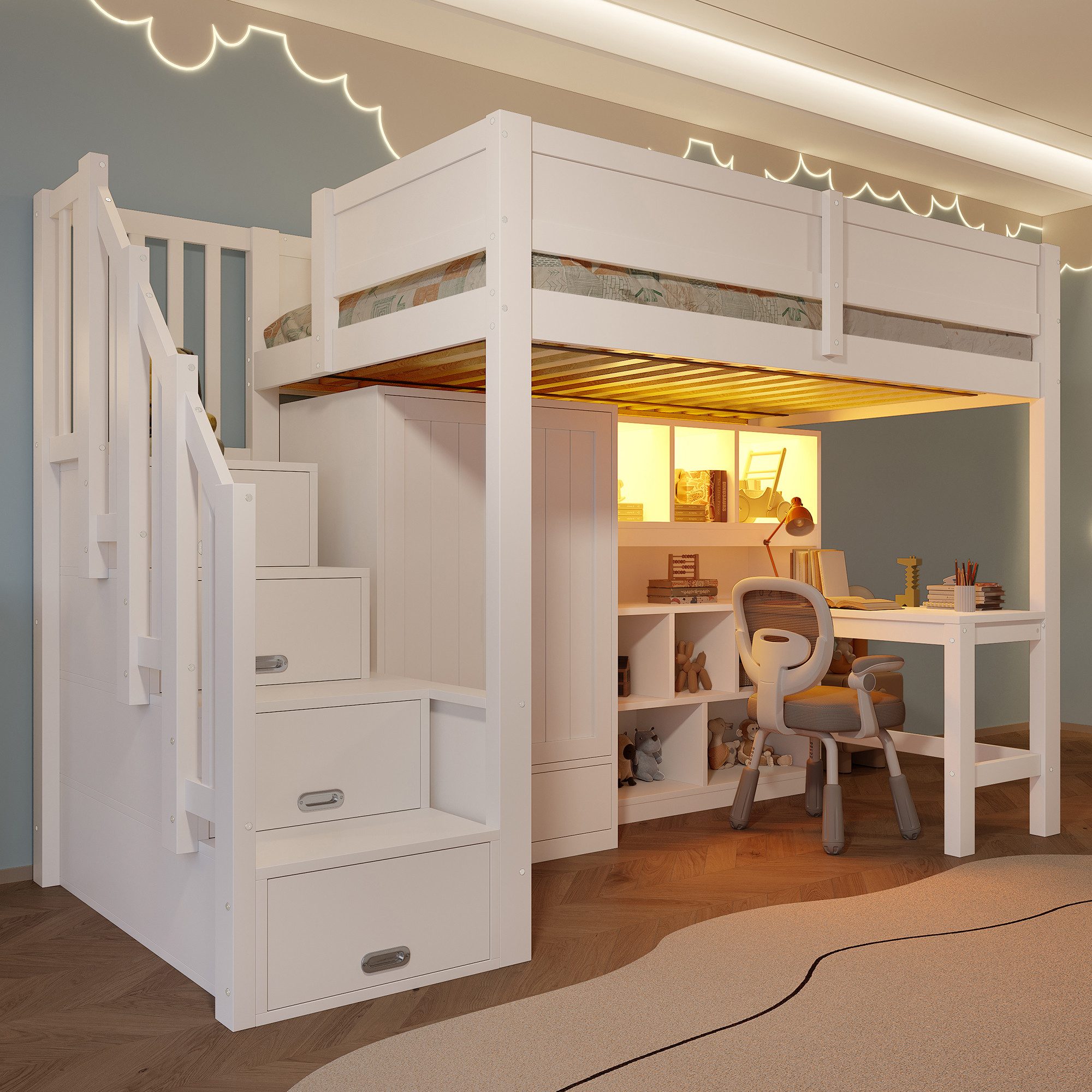 Ulife Hochbett mit LED-Leuchten, Schreibtisch & Kleiderschrank, 90x200cm (1-St) Jugendbett, Holzbett mit Regal, Stauraumtreppe