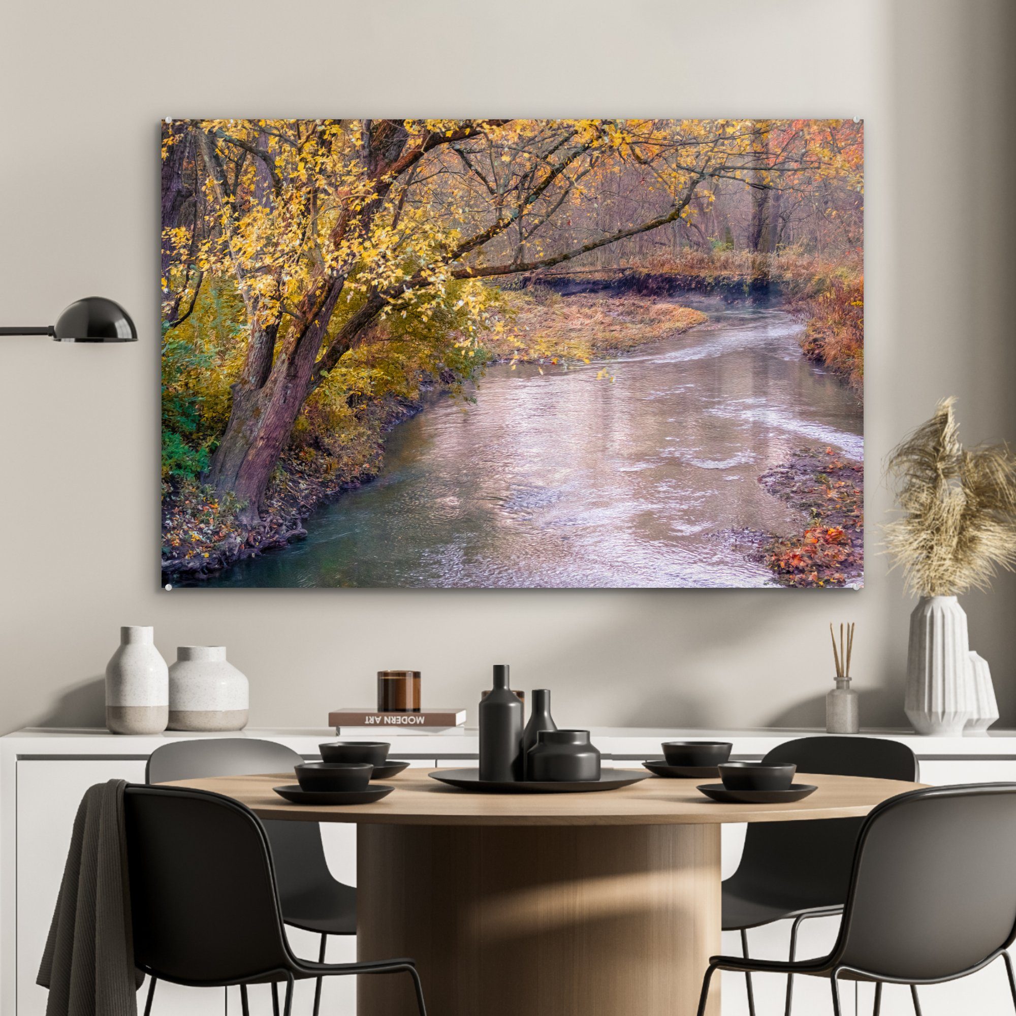 durch & Wohnzimmer Acrylglasbilder herbstlichen Illinois, MuchoWow Wald (1 Fluss Schlafzimmer St), in Acrylglasbild